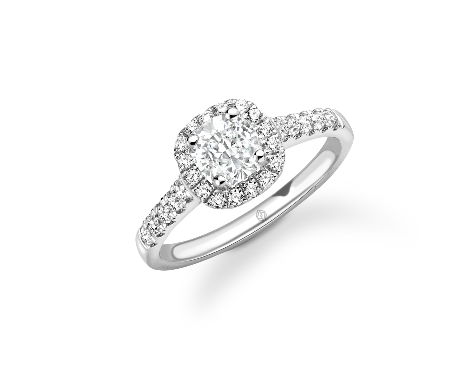 18K WHITE GOLD CUSHION SHAPED HALO DIAMOND ENGAGEMENT RING WITH SIDE STONES IN PAVE SET