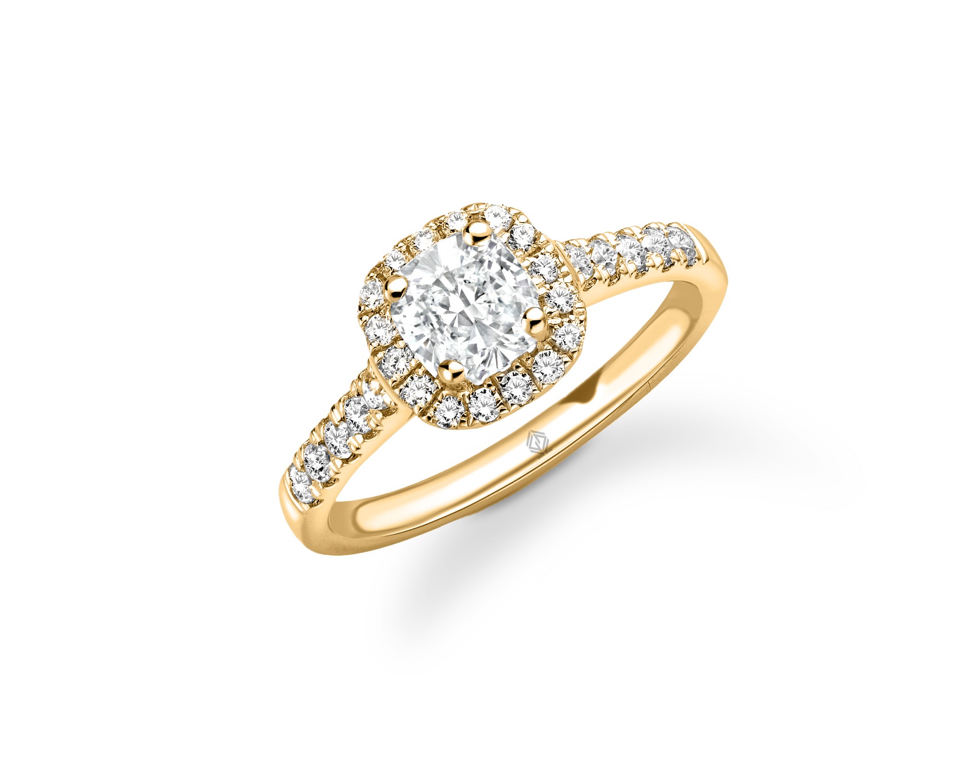 18K YELLOW GOLD CUSHION SHAPED HALO DIAMOND ENGAGEMENT RING WITH SIDE STONES IN PAVE SET