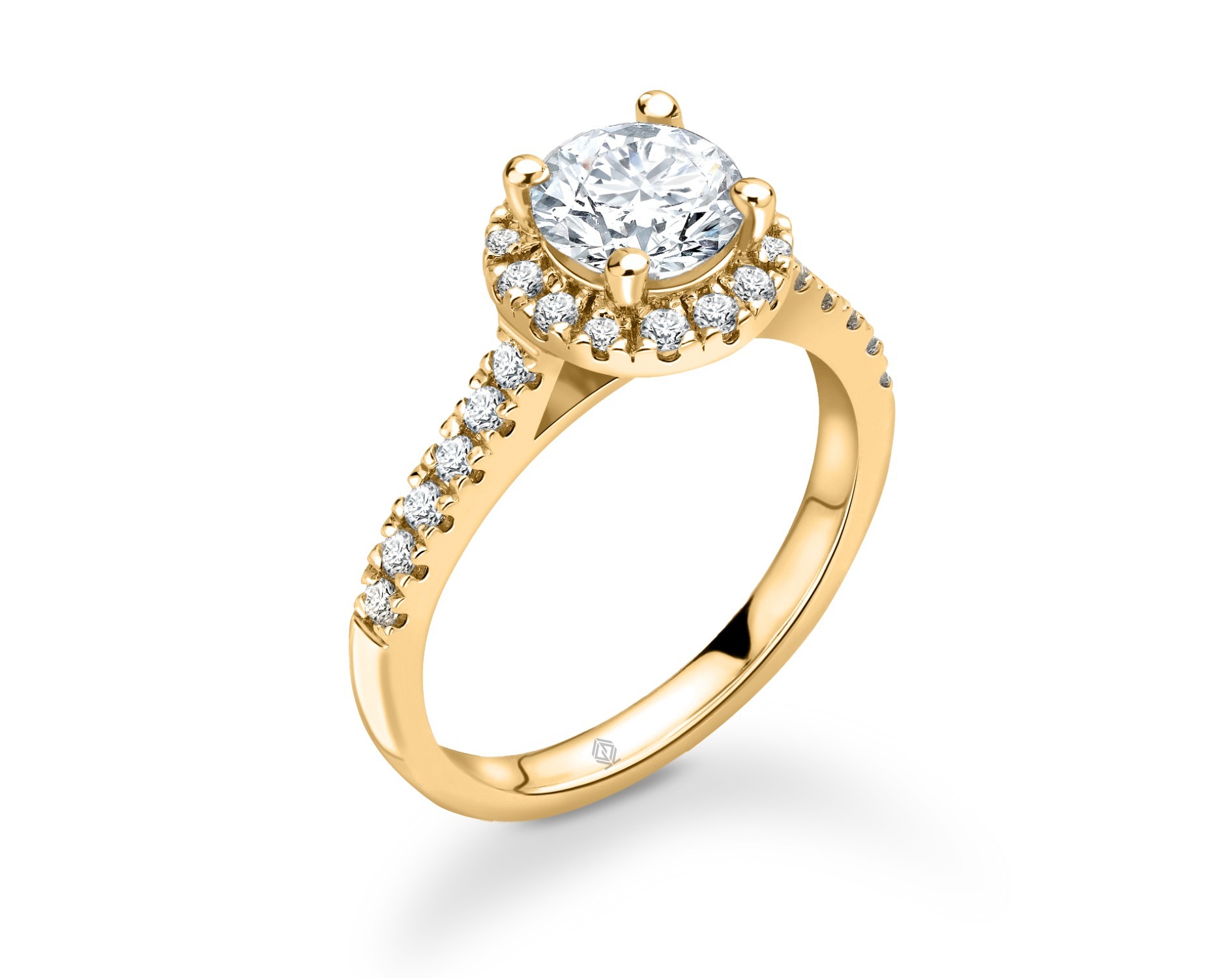 18K YELLOW GOLD ROUND CUT HALO DIAMOND ENGAGEMENT RING WITH SIDE STONES IN PAVE SET