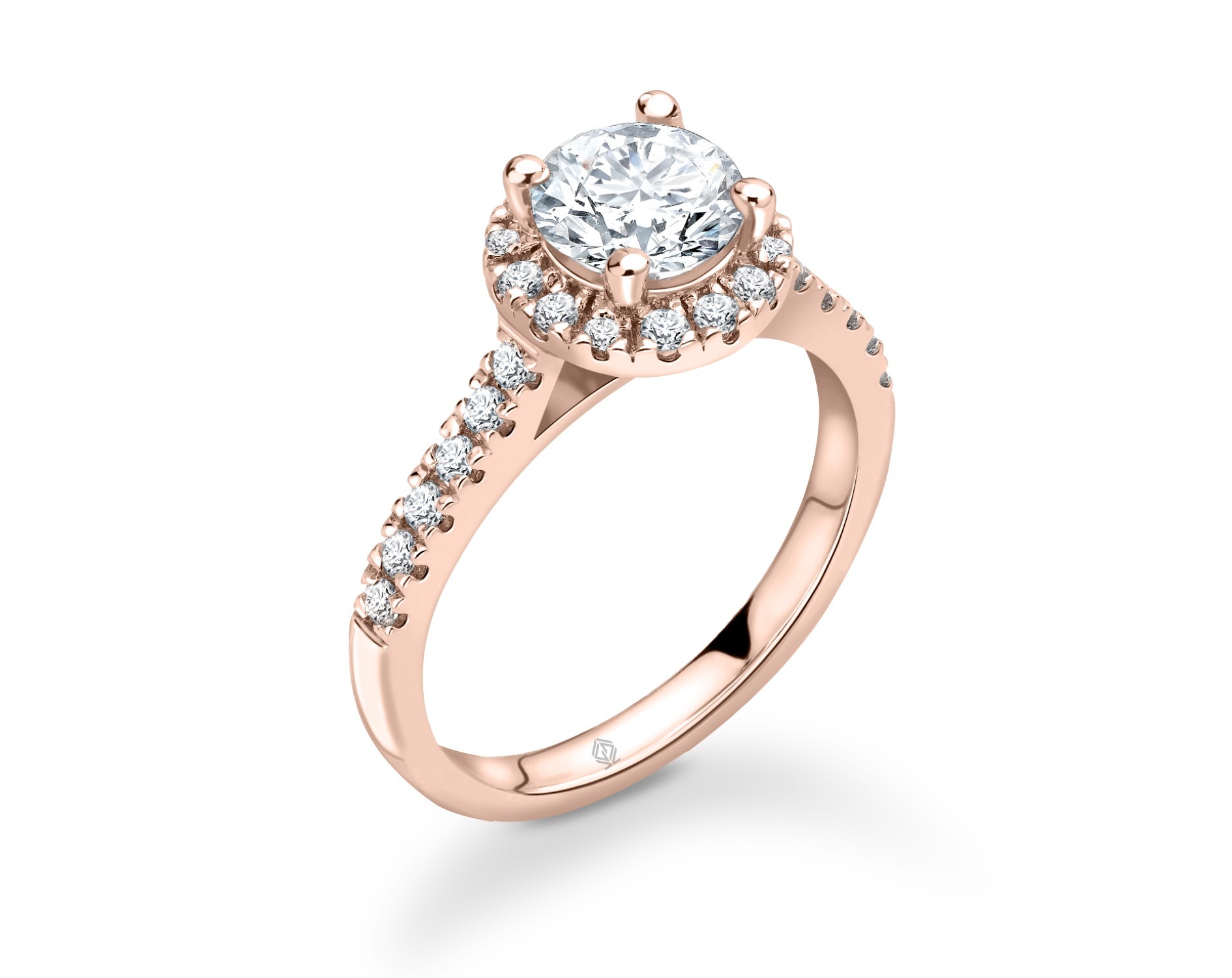 18K ROSE GOLD ROUND CUT HALO DIAMOND ENGAGEMENT RING WITH SIDE STONES IN PAVE SET