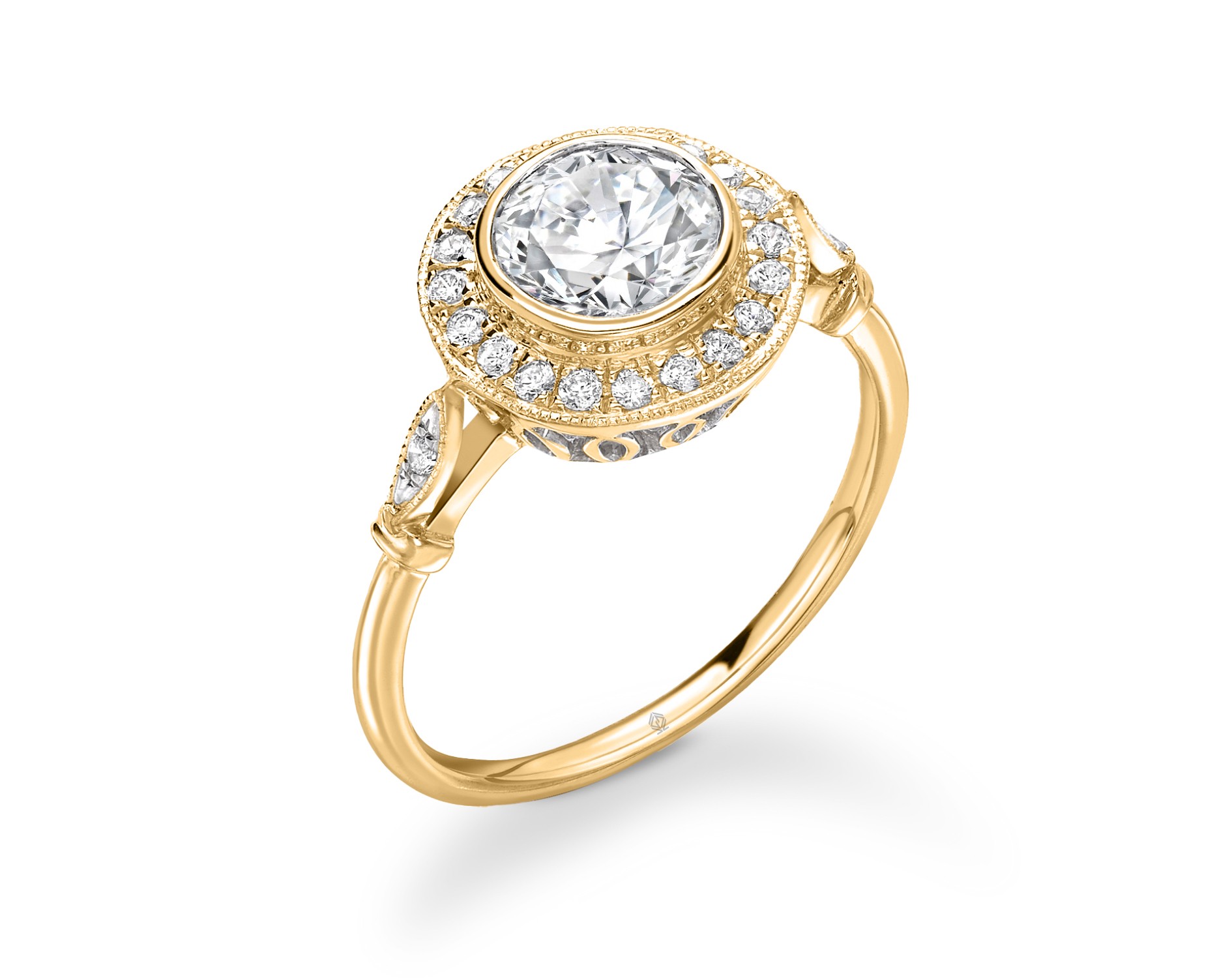 18K YELLOW GOLD VINTAGE MILGRAIN HALO DIAMOND RING WITH SIDE DIAMONDS