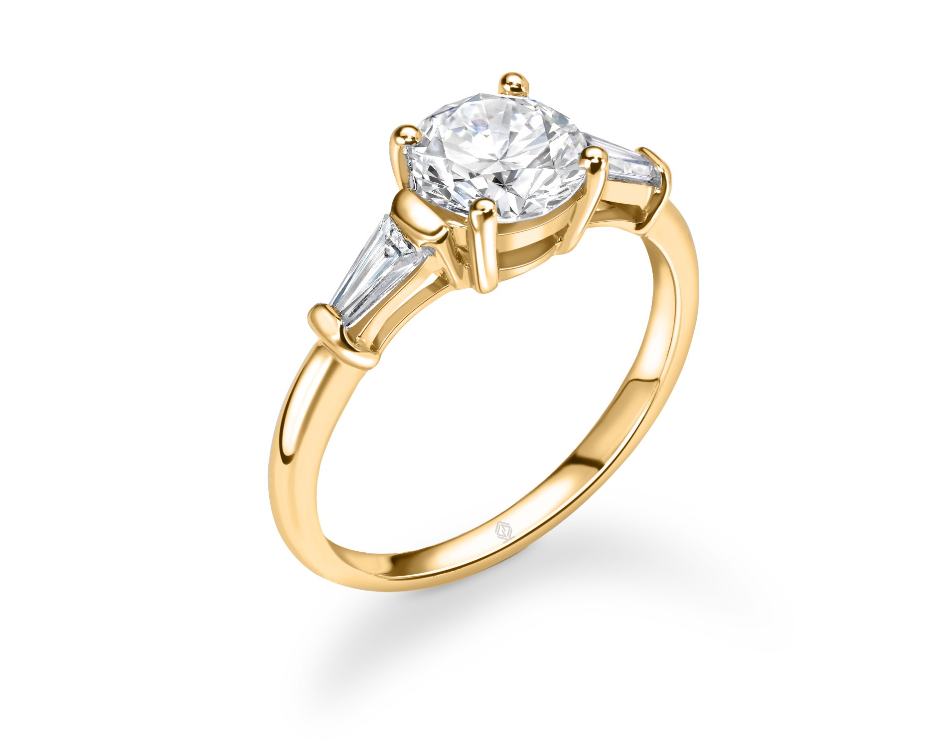 18K YELLOW GOLD ROUND CUT DIAMOND RING WITH BAGUETTES CUT SIDE STONES
