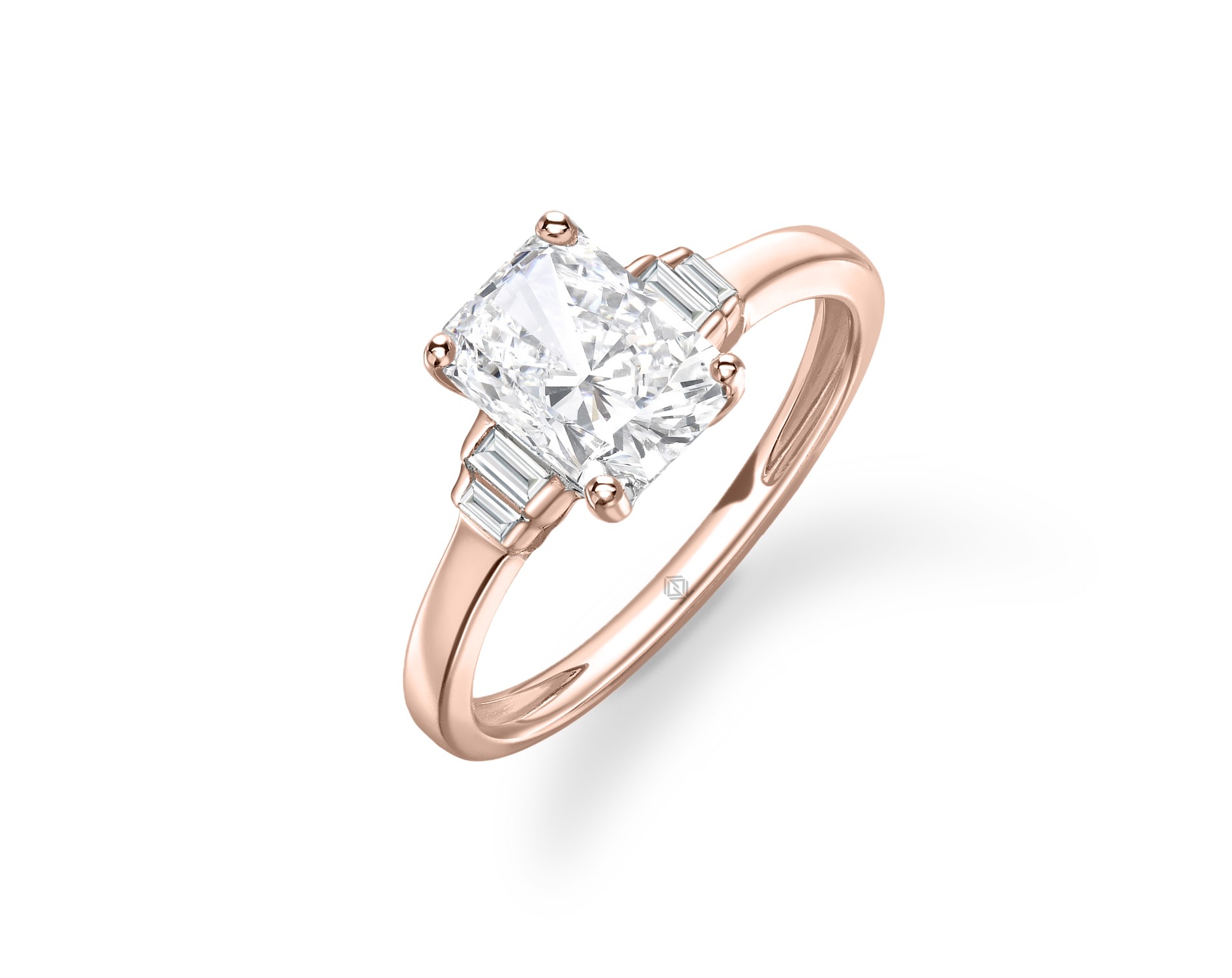 18K ROSE GOLD RADIANT CUT DIAMOND RING WITH BAGUETTES CUT SIDE STONES