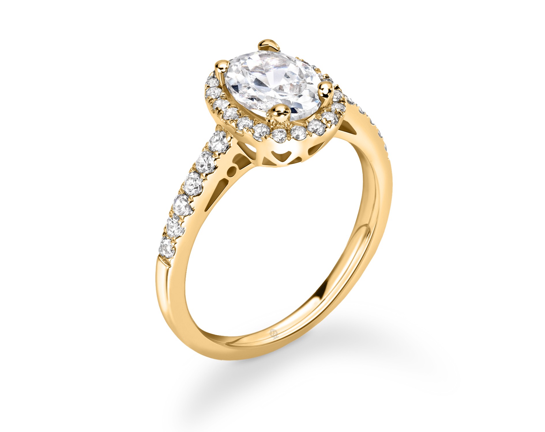 18K YELLOW GOLD OVAL CUT HALO DIAMOND RING WITH SIDE STONES PAVE SET