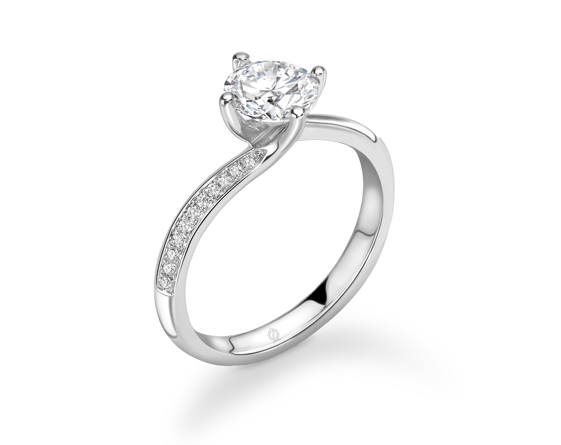 18K WHITE GOLD ROUND CUT 4 PRONG TWIST DIAMOND ENGAGEMENT RING WITH SIDE STONES