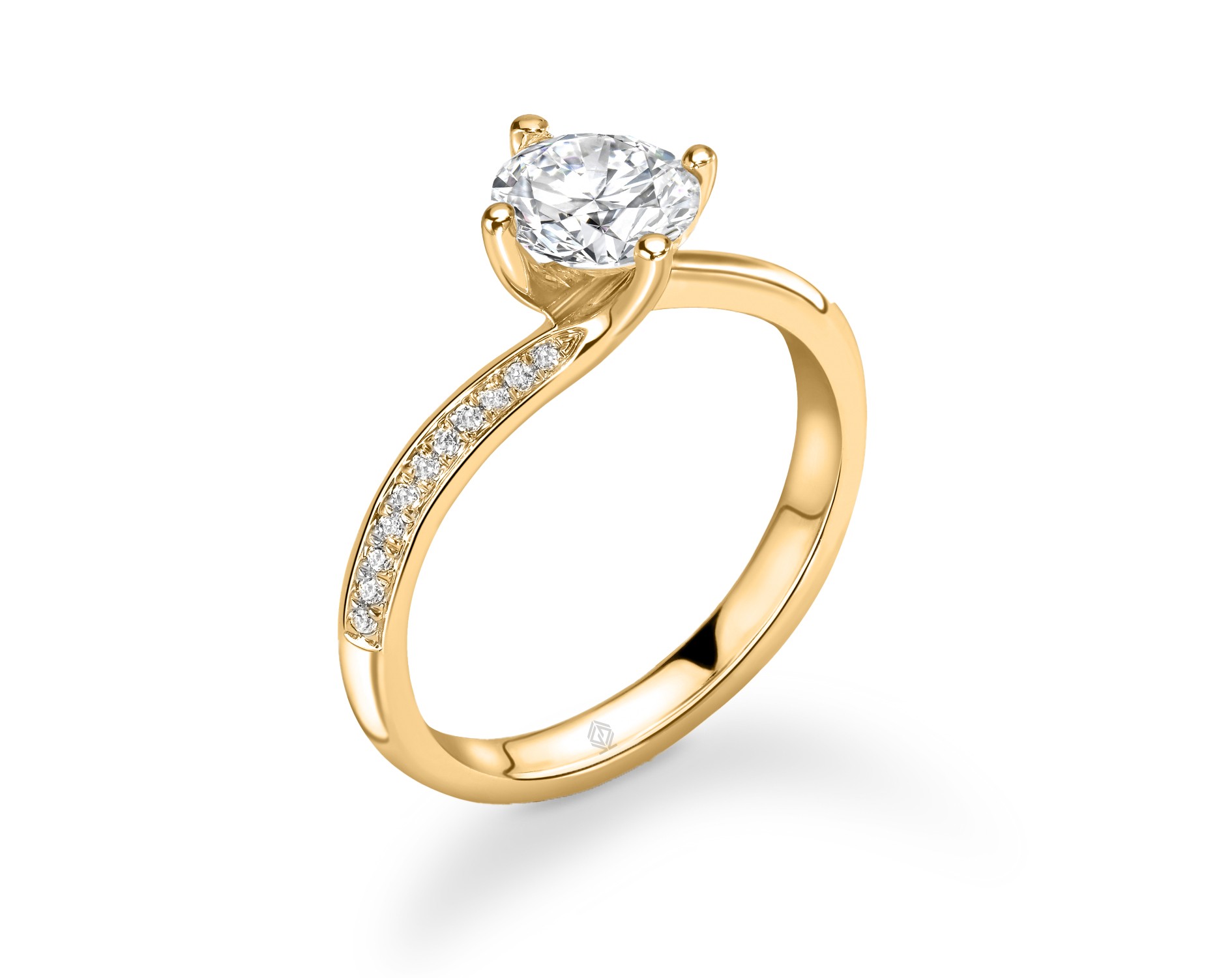 18K YELLOW GOLD ROUND CUT 4 PRONG TWIST DIAMOND ENGAGEMENT RING WITH SIDE STONES