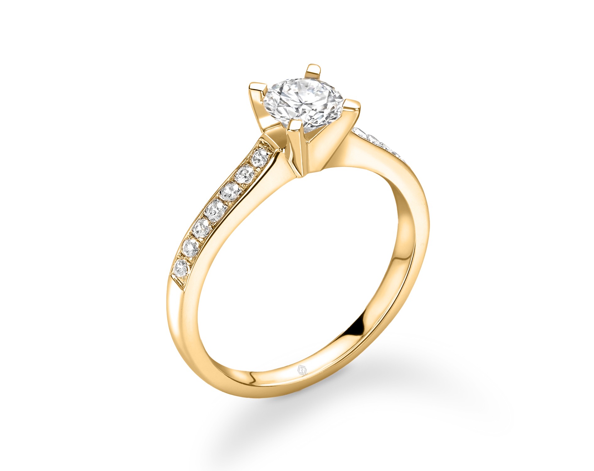 18K YELLOW GOLD ROUND CUT 4 PRONGS DIAMOND ENGAGEMENT RING WITH SIDE STONES CHANNEL SET