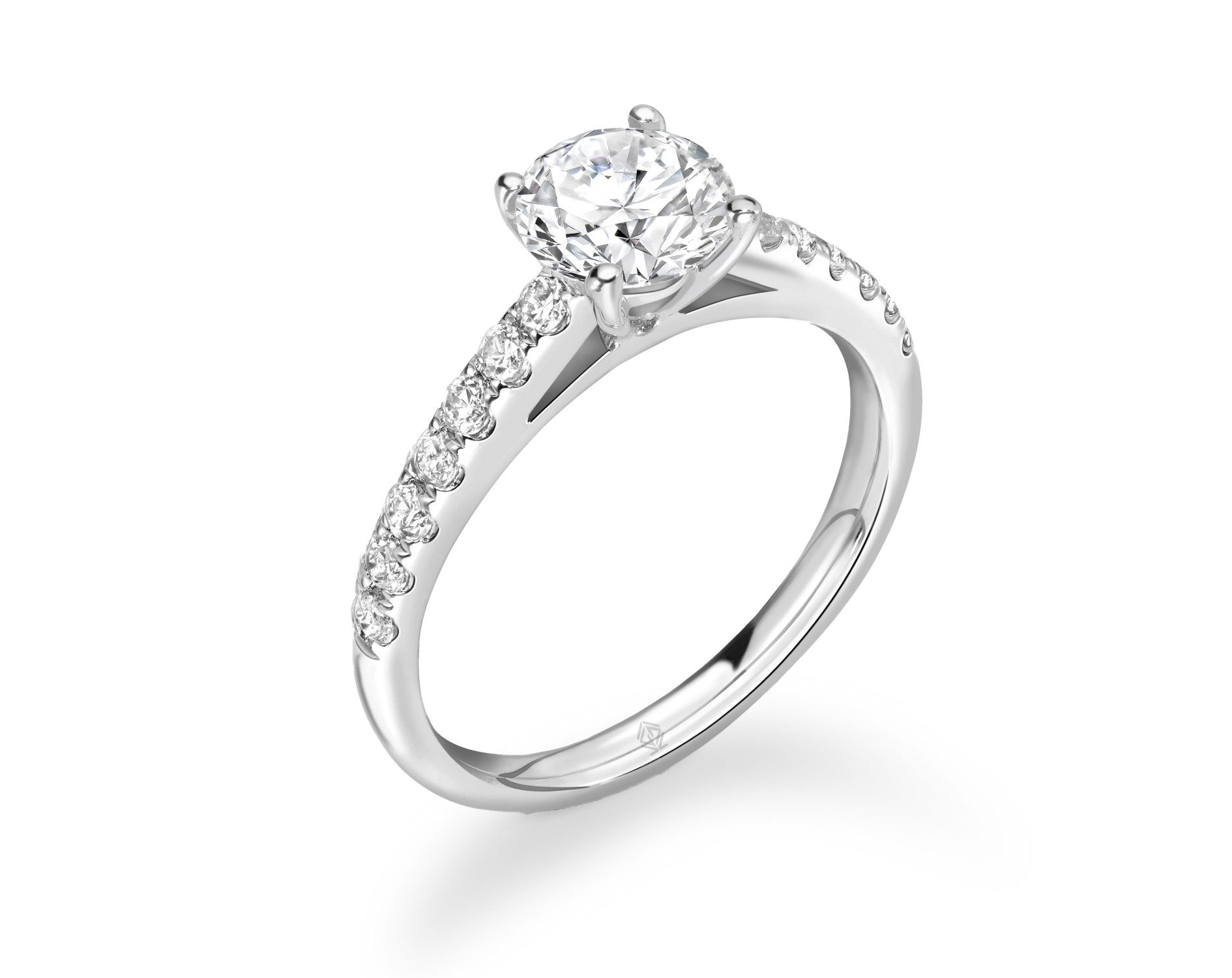 18K WHITE GOLD ROUND CUT 4 PRONGS DIAMOND ENGAGEMENT RING WITH SIDE STONES PAVE SET
