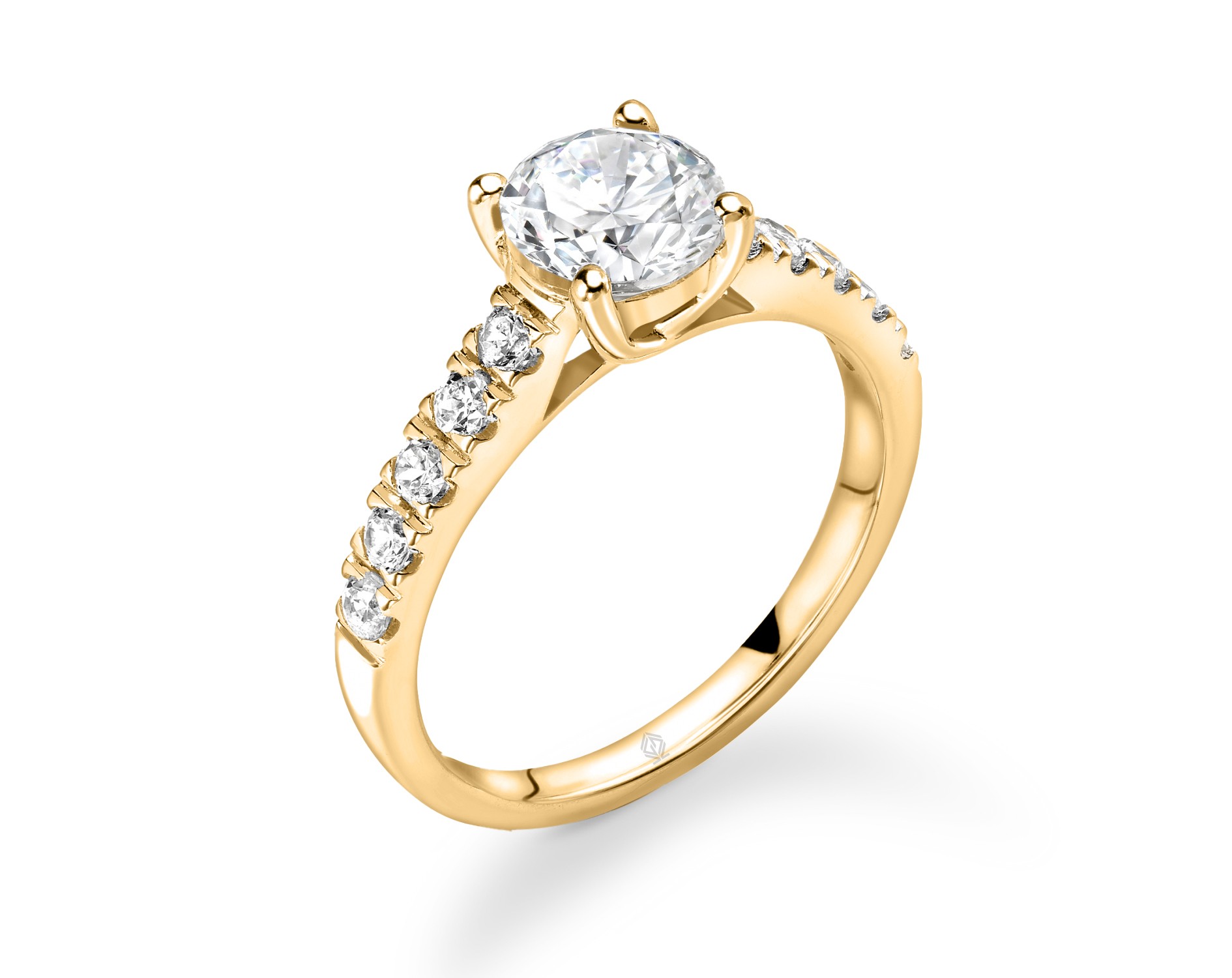 18K YELLOW GOLD ROUND CUT 4 PRONGS DIAMOND ENGAGEMENT RING WITH SIDE STONES PAVE SET