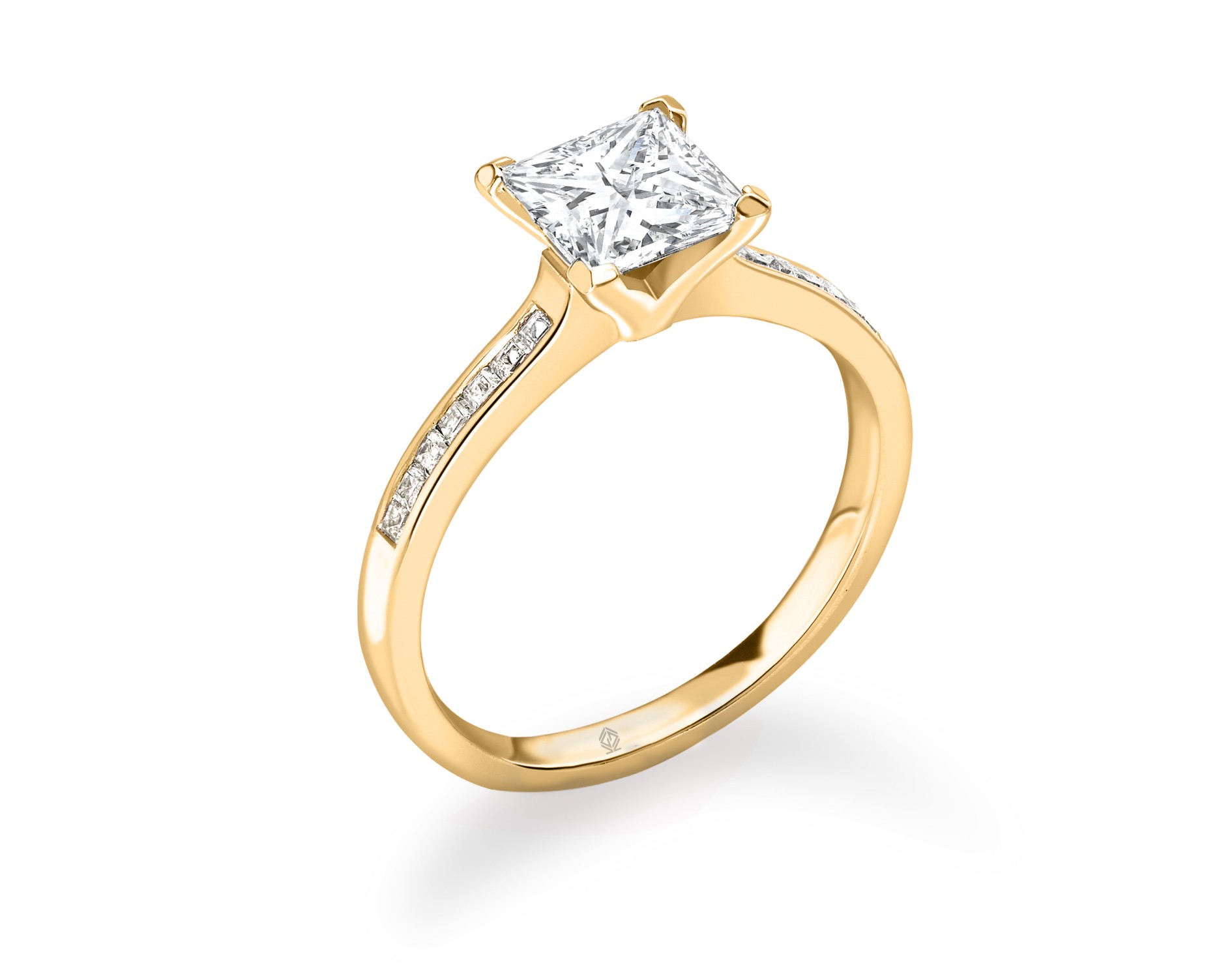 18K YELLOW GOLD 4 PRONGS PRINCESS CUT DIAMOND ENGAGEMENT RING WITH SIDE STONES CHANNEL SET
