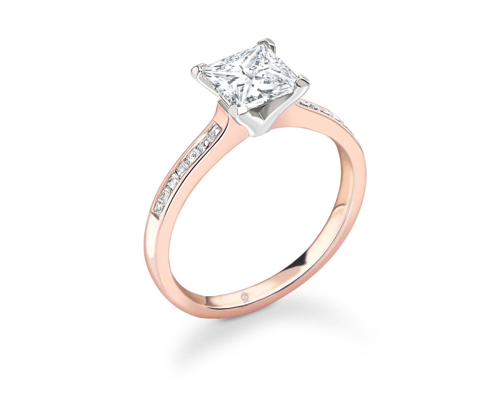 DUAL-TONE 4 PRONGS PRINCESS CUT DIAMOND ENGAGEMENT RING WITH SIDE STONES CHANNEL SET