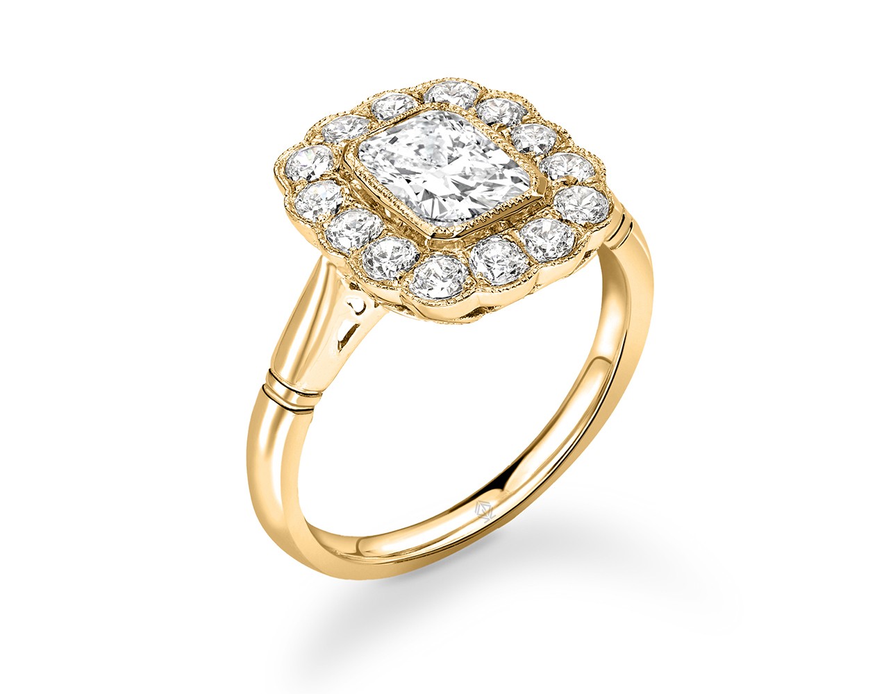 18K YELLOW GOLD VINTAGE MILGRAIN HALO EMERALD CUT DIAMOND RING