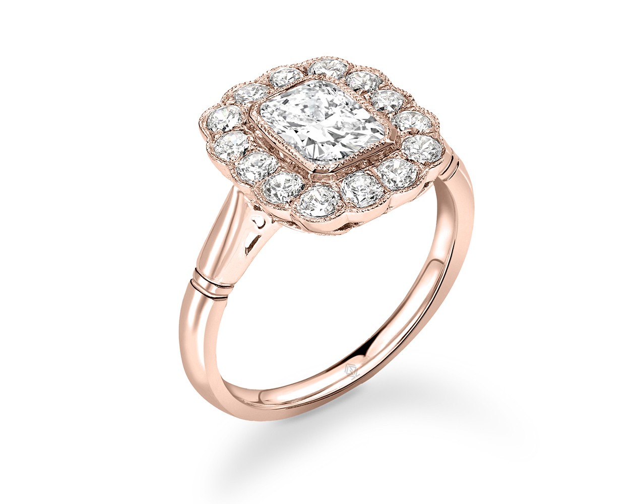 18K ROSE GOLD VINTAGE MILGRAIN HALO EMERALD CUT DIAMOND RING