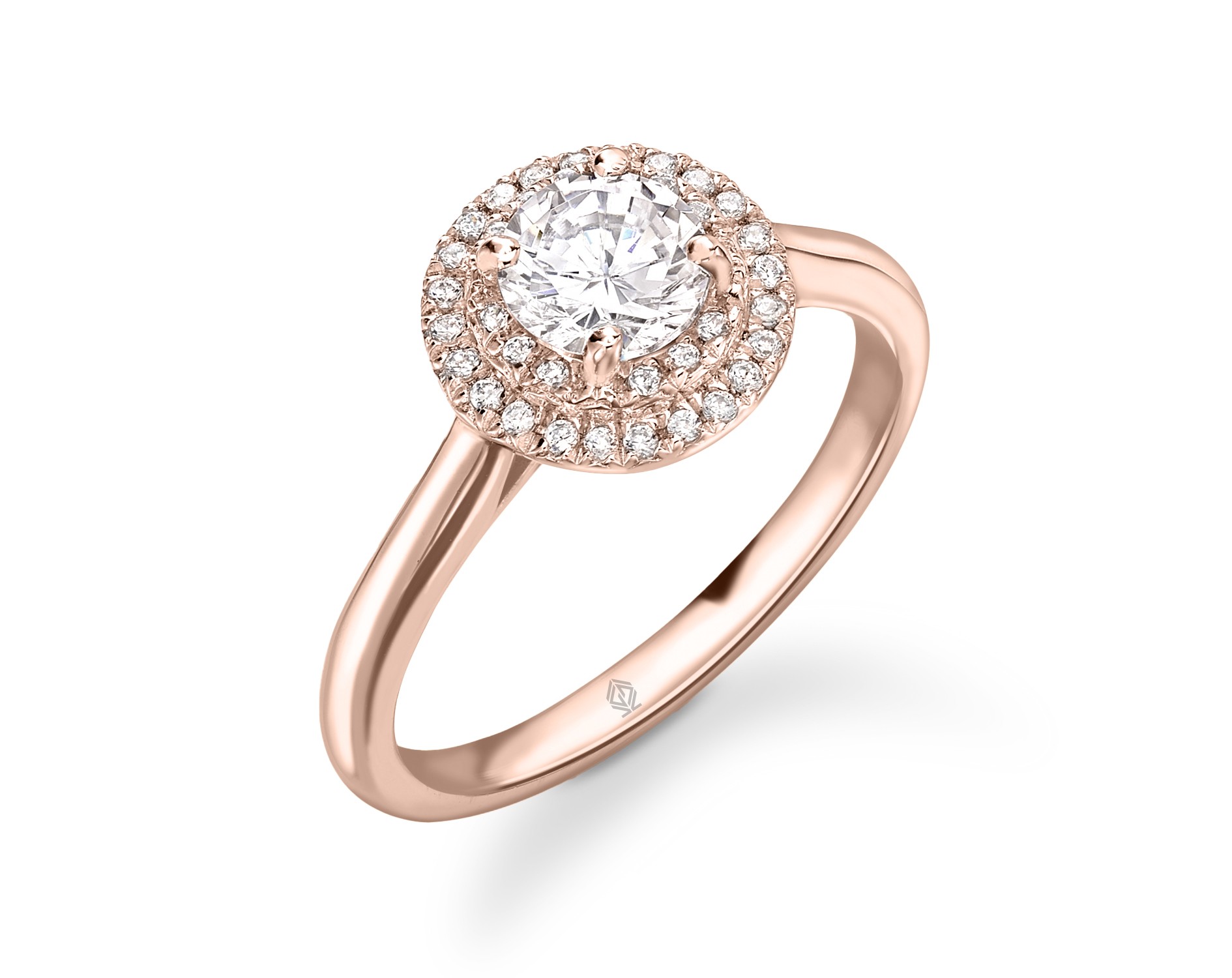 18K ROSE GOLD DOUBLE HALO ROUND CUT DIAMOND ENGAGEMENT RING