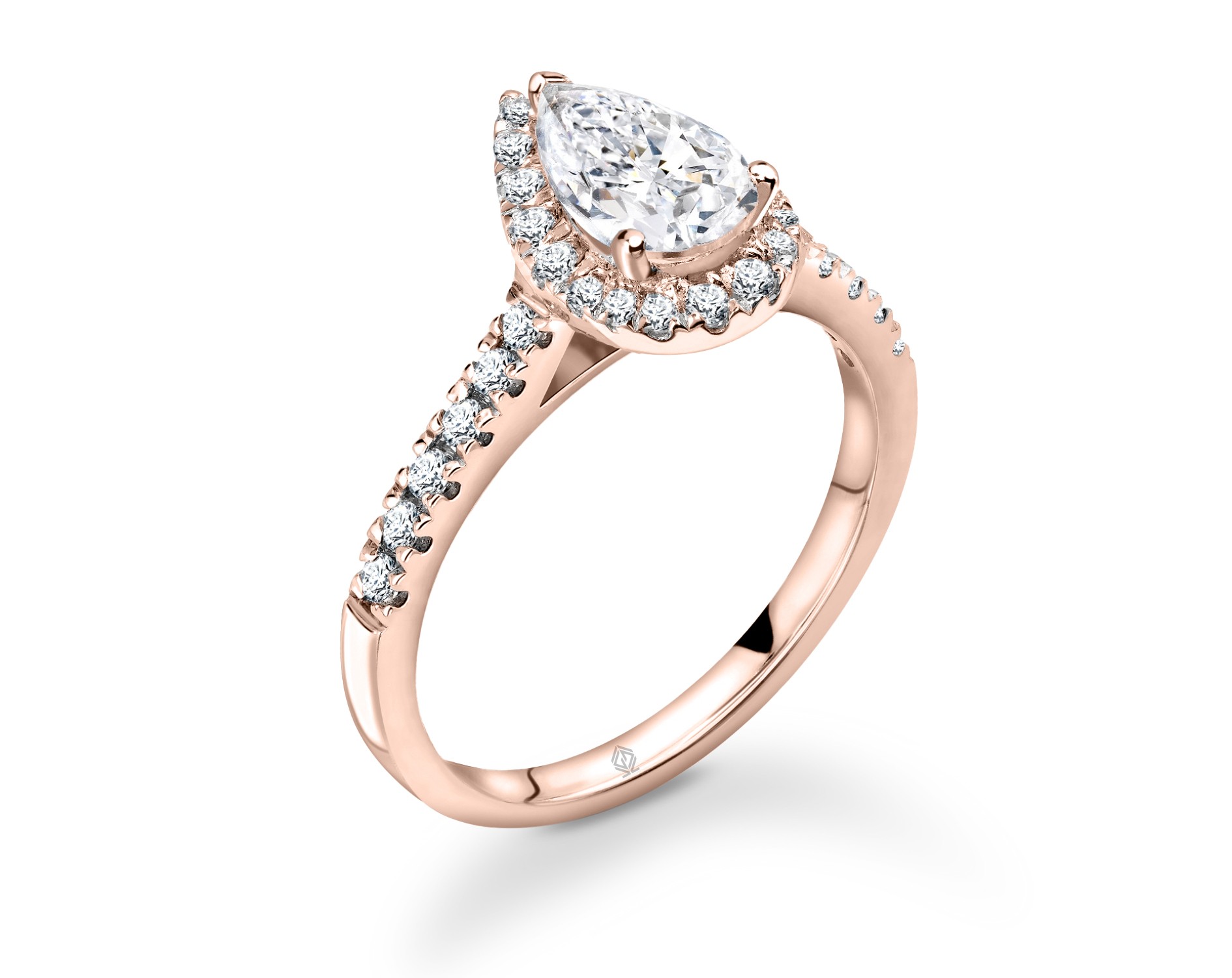 18K ROSE GOLD HALO PEAR CUT DIAMOND ENGAGEMENT RING WITH SIDE STONES PAVE SET