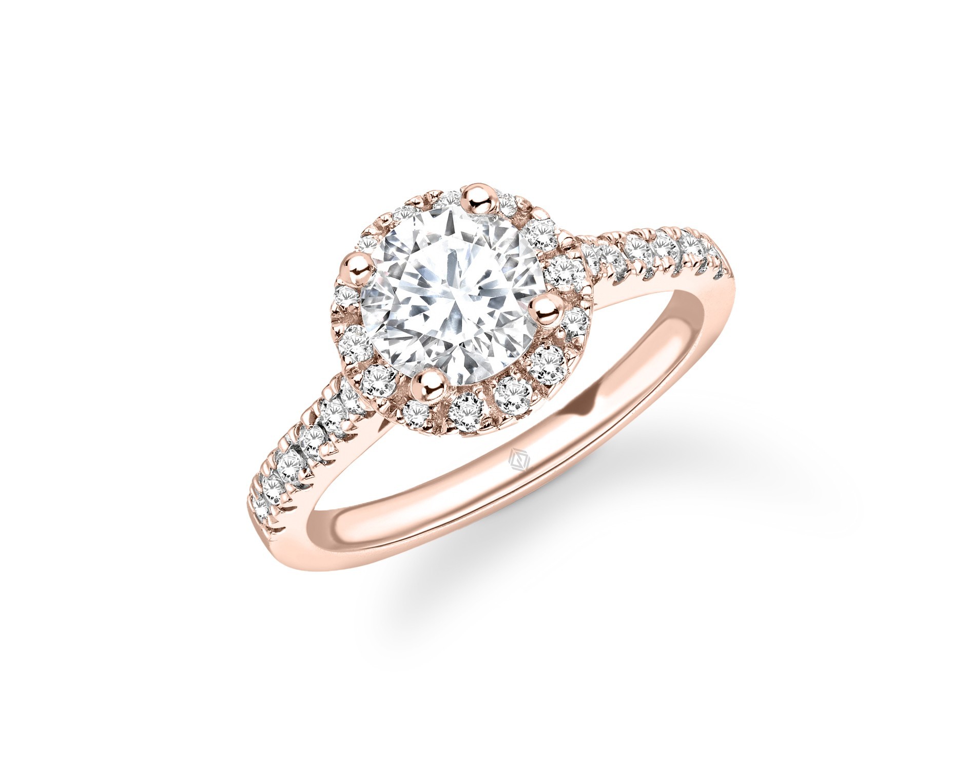 18K ROSE GOLD HALO ROUND CUT DIAMOND ENGAGEMENT RING WITH SIDE STONES PAVE SET