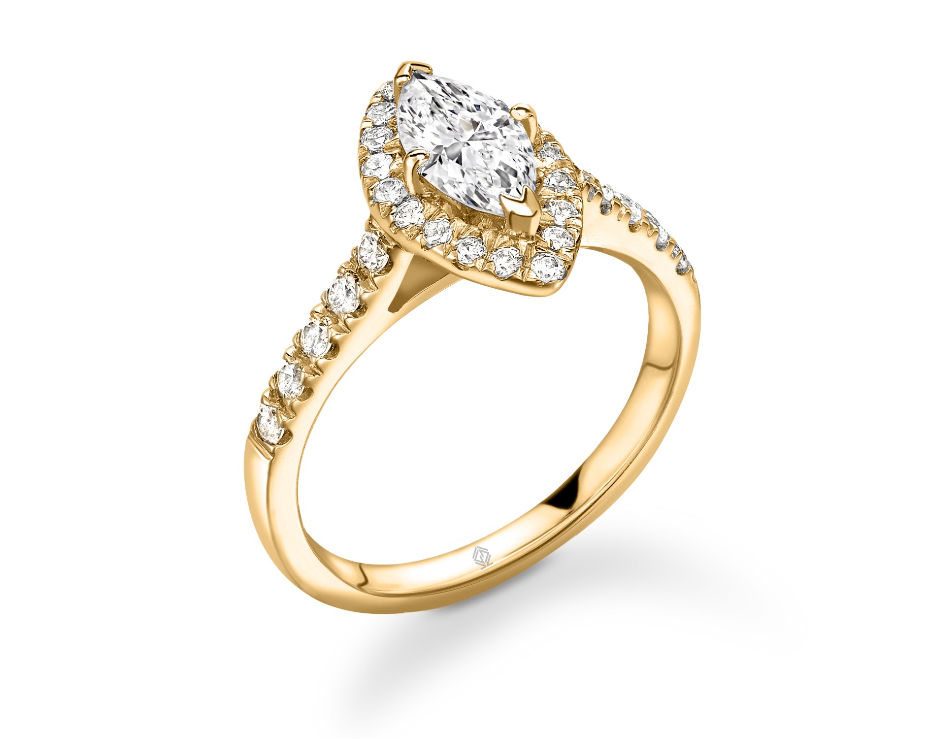 18K YELLOW GOLD HALO MARQUISE CUT DIAMOND ENGAGEMENT RING WITH SIDE STONES PAVE SET