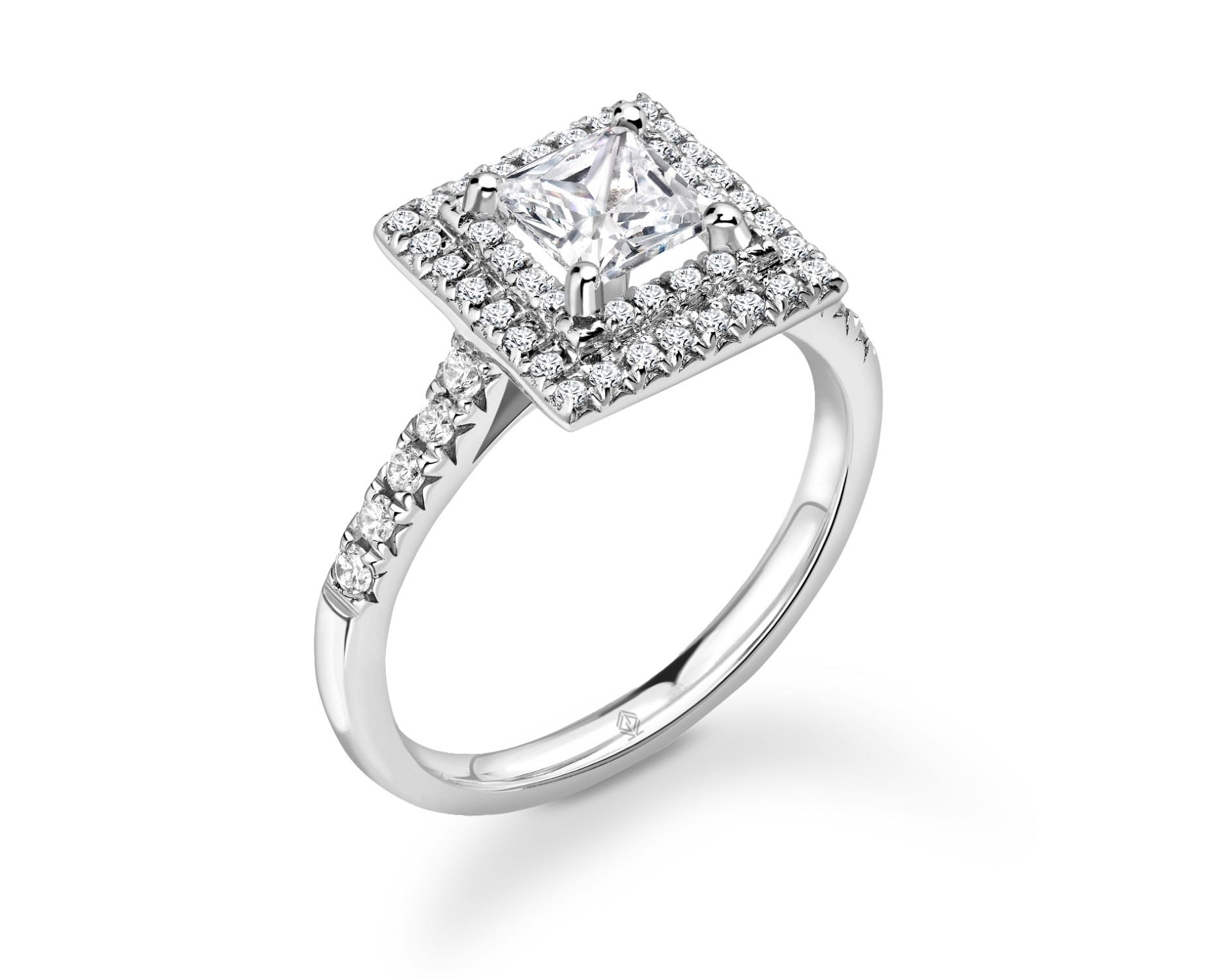 18K WHITE GOLD DOUBLE HALO PRINCESS CUT DIAMOND ENGAGEMENT RING WITH SIDE STONES PAVE SET