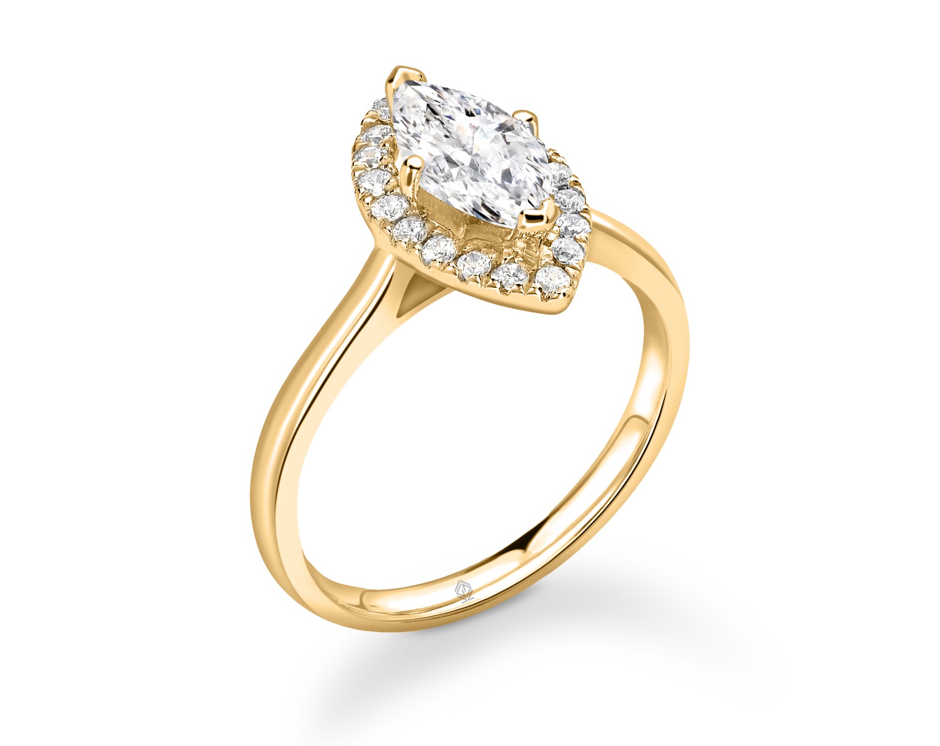 18K YELLOW GOLD HALO SET MARQUISE CUT DIAMOND ENGAGEMENT RING
