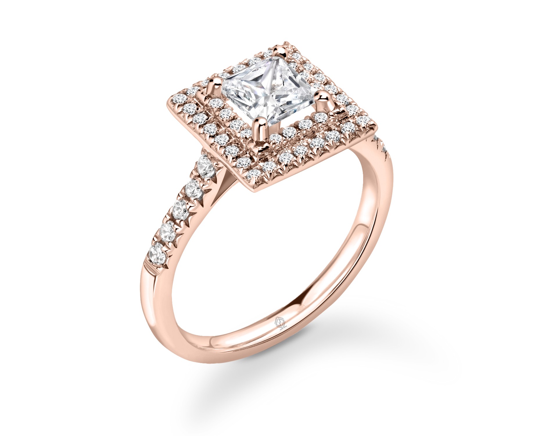 18K ROSE GOLD DOUBLE HALO PRINCESS CUT DIAMOND ENGAGEMENT RING WITH SIDE STONES PAVE SET