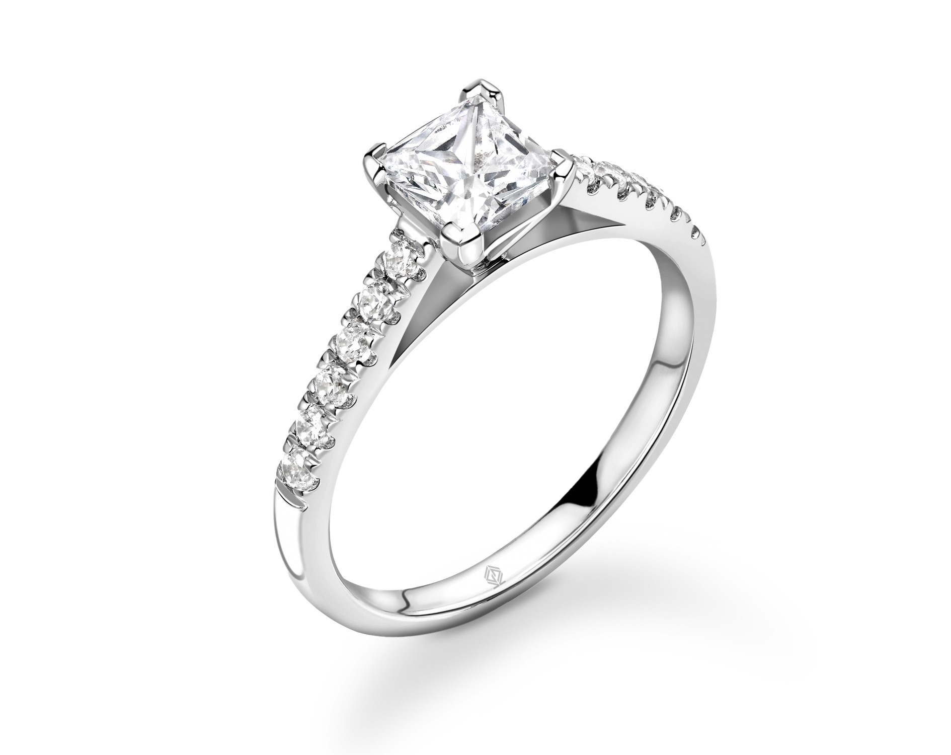 18K WHITE GOLD PRINCESS CUT DIAMOND ENGAGEMENT RING WITH SIDE STONES PAVE SET