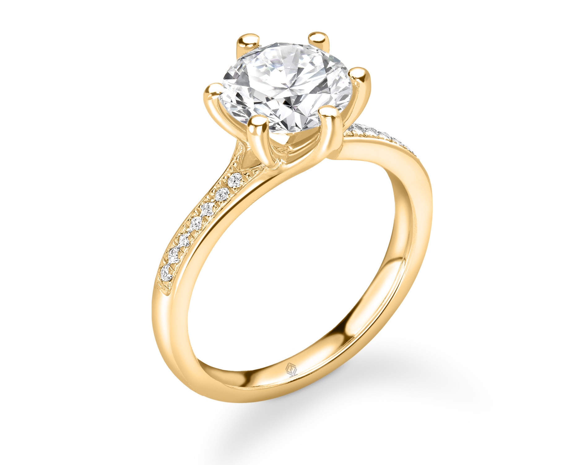 18K YELLOW GOLD ROUND CUT 6 PRONGS DIAMOND ENGAGEMENT RING WITH CHANNEL SET SIDE STONES