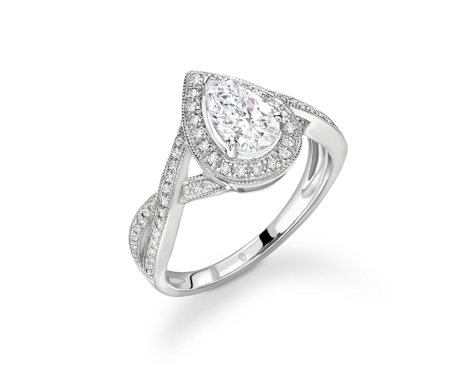 18K WHITE GOLD VINTAGE MILGRAIN HALO PEAR CUT DIAMOND RING WITH TWISTED SHANK AND SIDE STONES PAVE SET