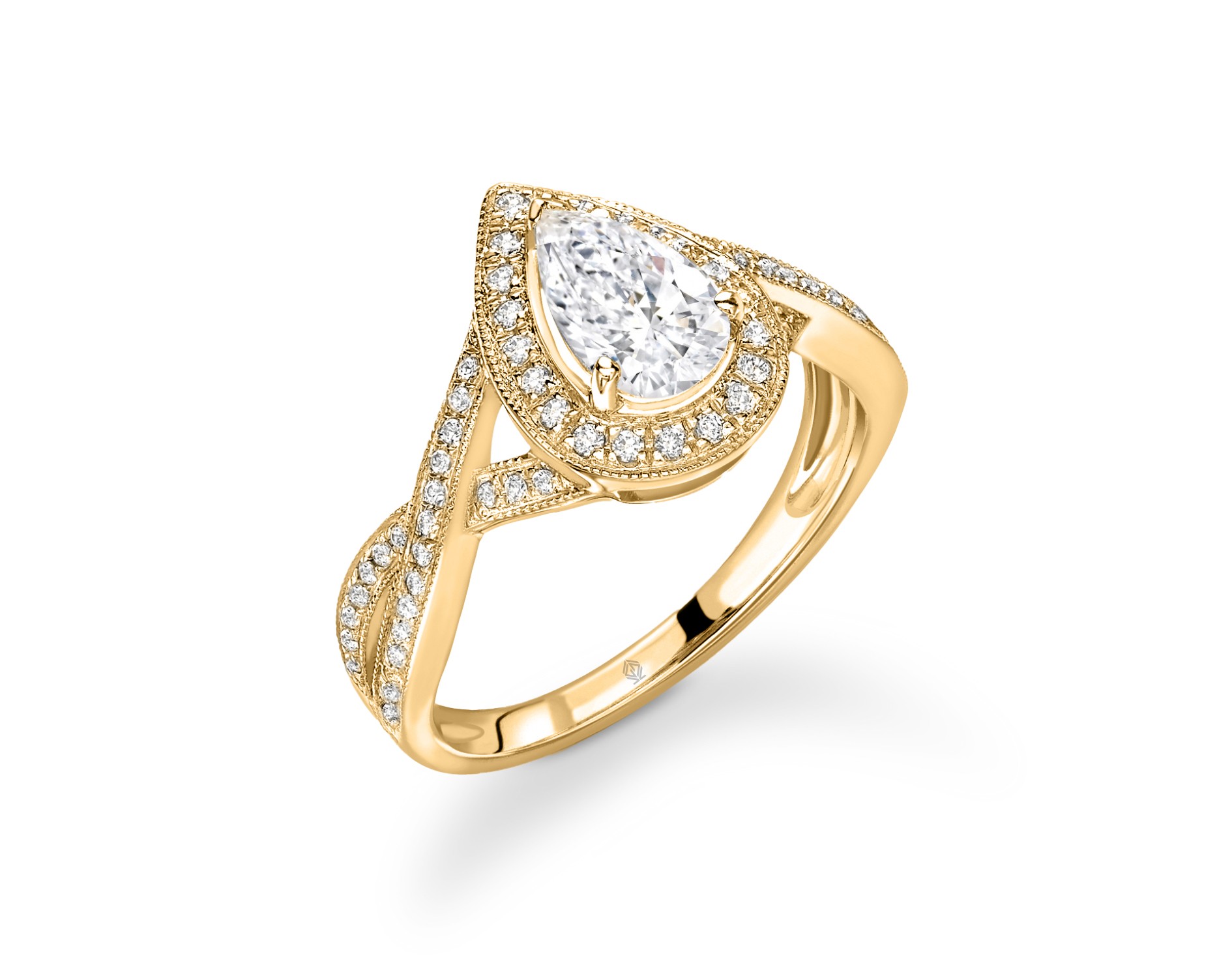 18K YELLOW GOLD VINTAGE MILGRAIN HALO PEAR CUT DIAMOND RING WITH TWISTED SHANK AND SIDE STONES PAVE SET