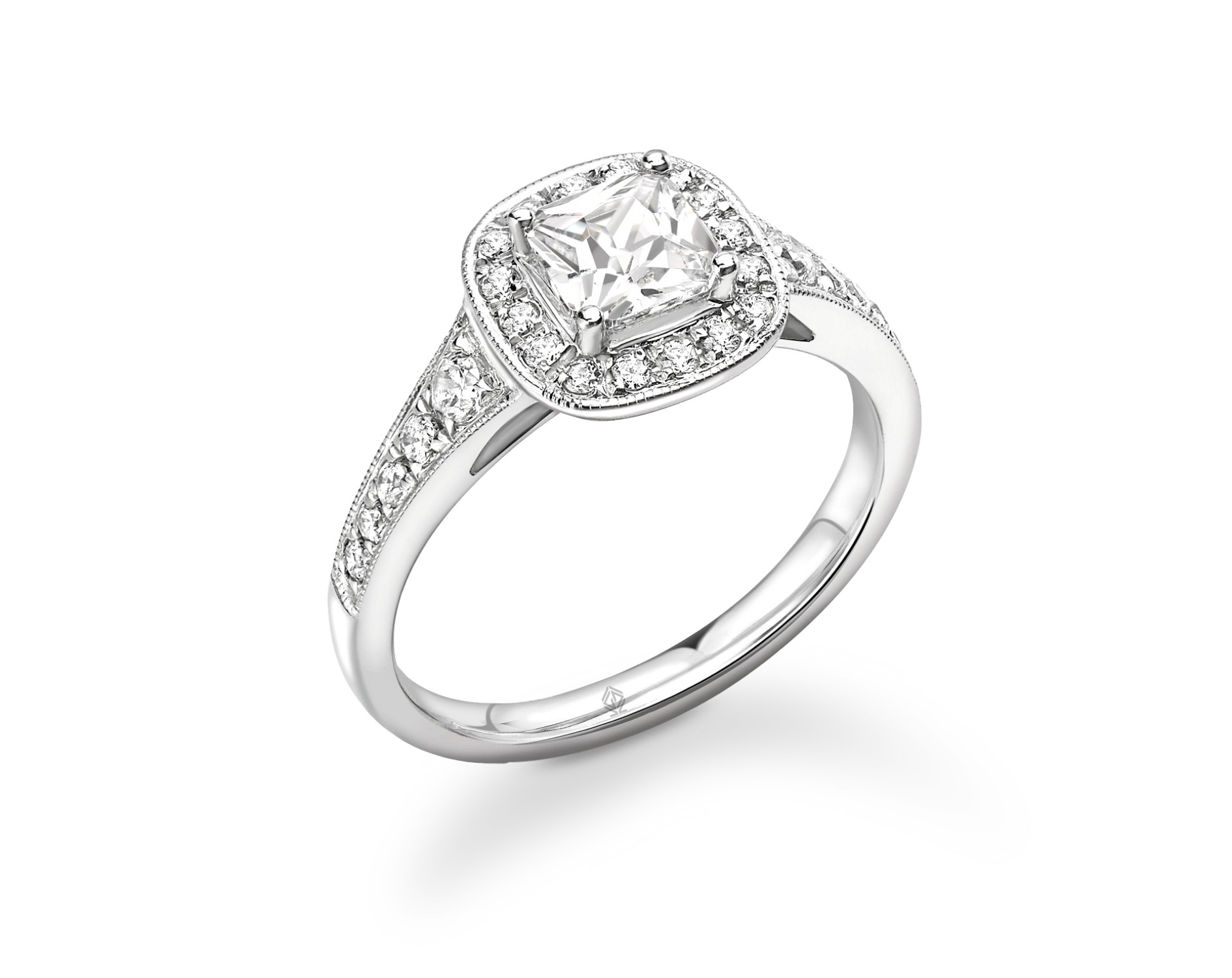 18K WHITE GOLD VINTAGE MILGRAIN HALO CUSHION CUT DIAMOND RING WITH SIDE DIAMONDS CHANNEL SET