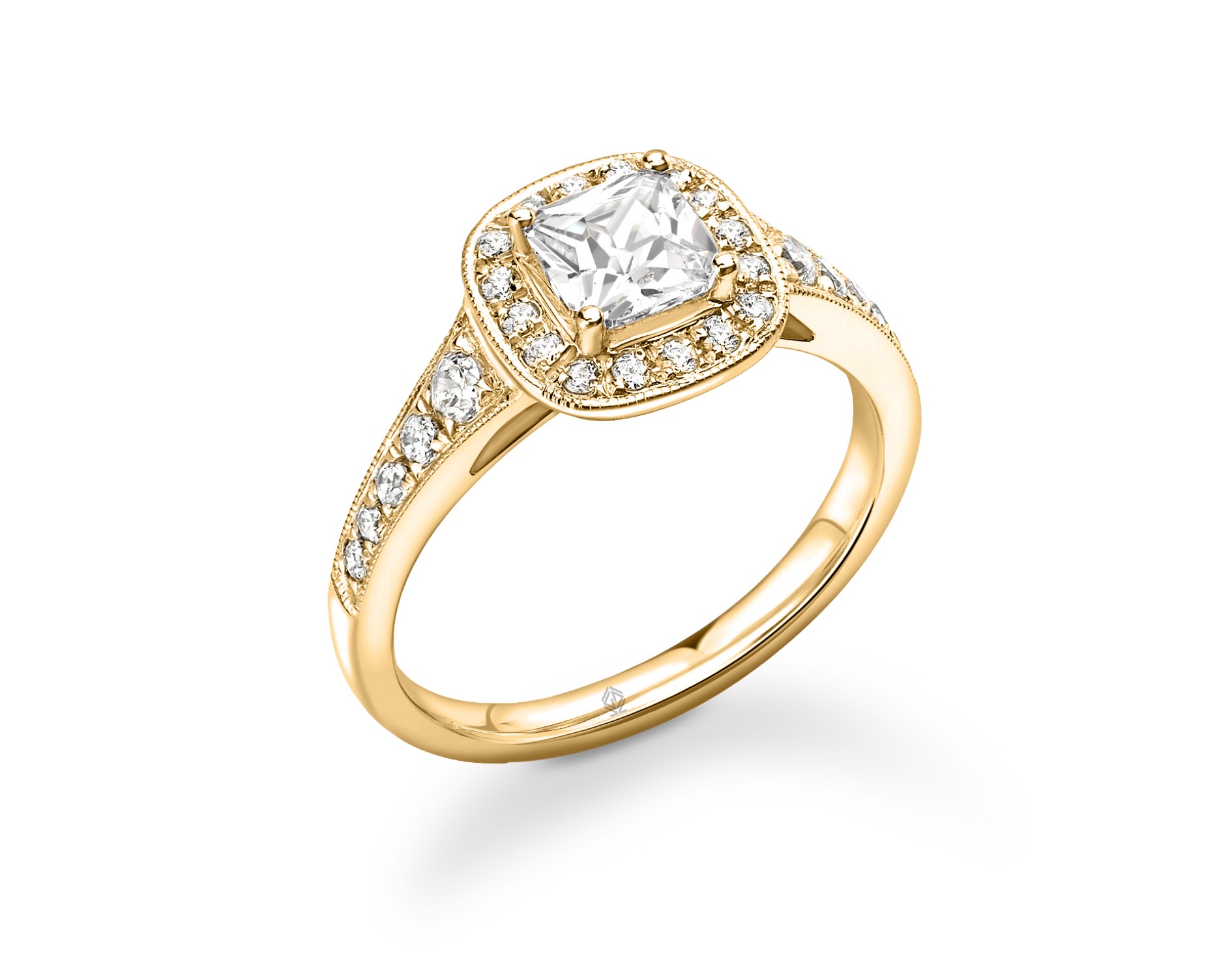 18K YELLOW GOLD VINTAGE MILGRAIN HALO CUSHION CUT DIAMOND RING WITH SIDE DIAMONDS CHANNEL SET