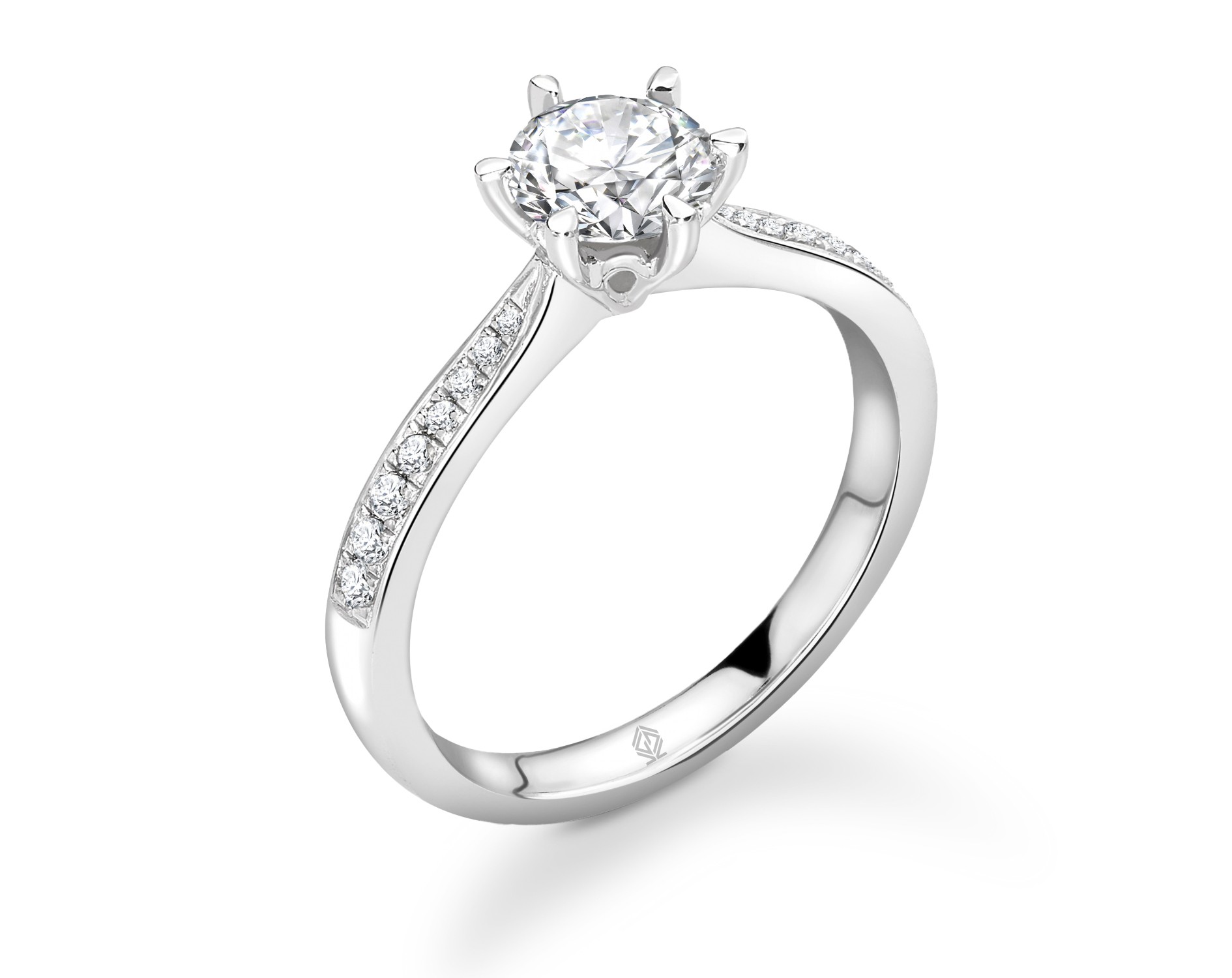18K WHITE GOLD ROUND CUT 6 PRONGS DIAMOND ENGAGEMENT RING WITH CHANNEL SET SIDE STONES