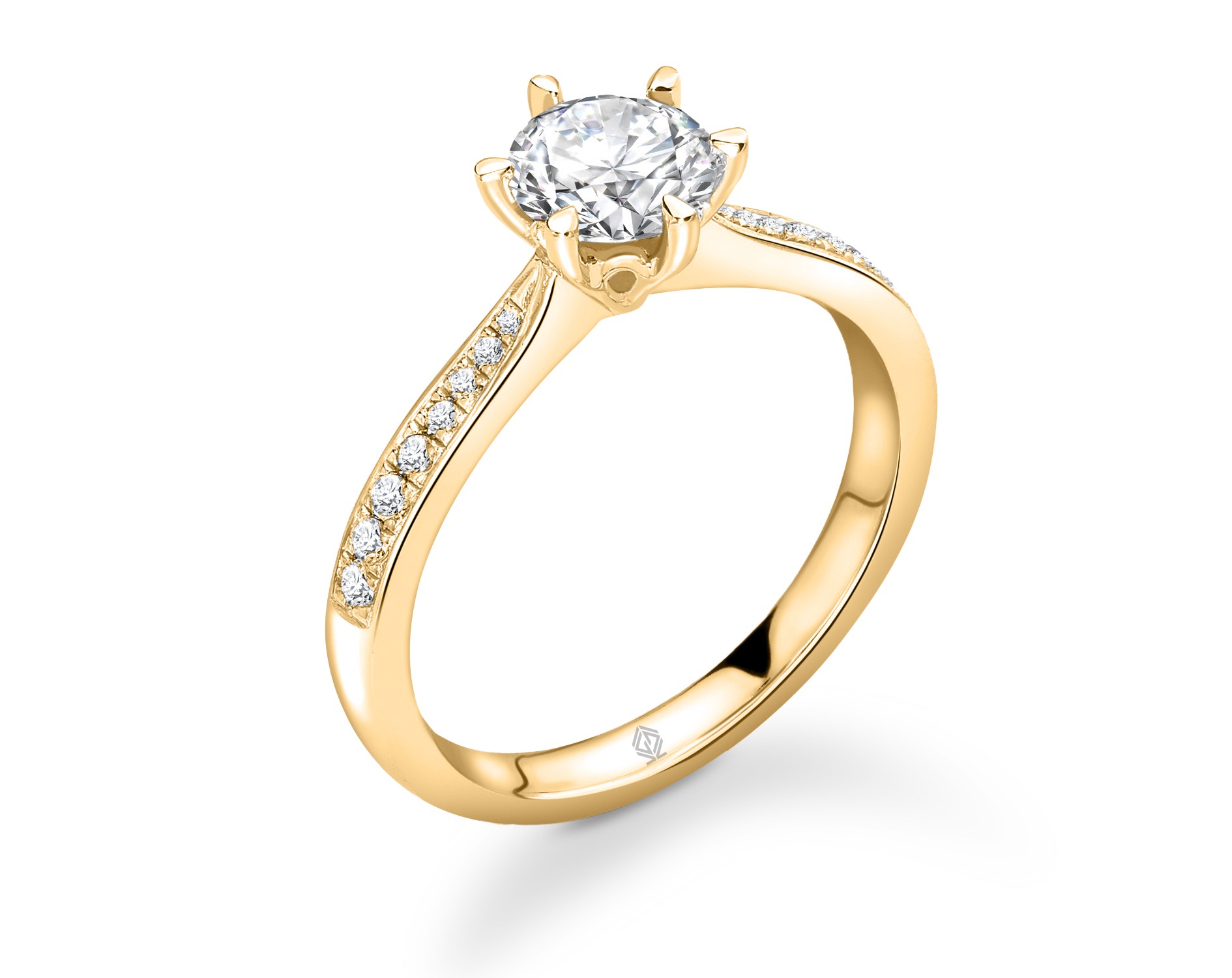 18K YELLOW GOLD ROUND CUT 6 PRONGS DIAMOND ENGAGEMENT RING WITH CHANNEL SET SIDE STONES