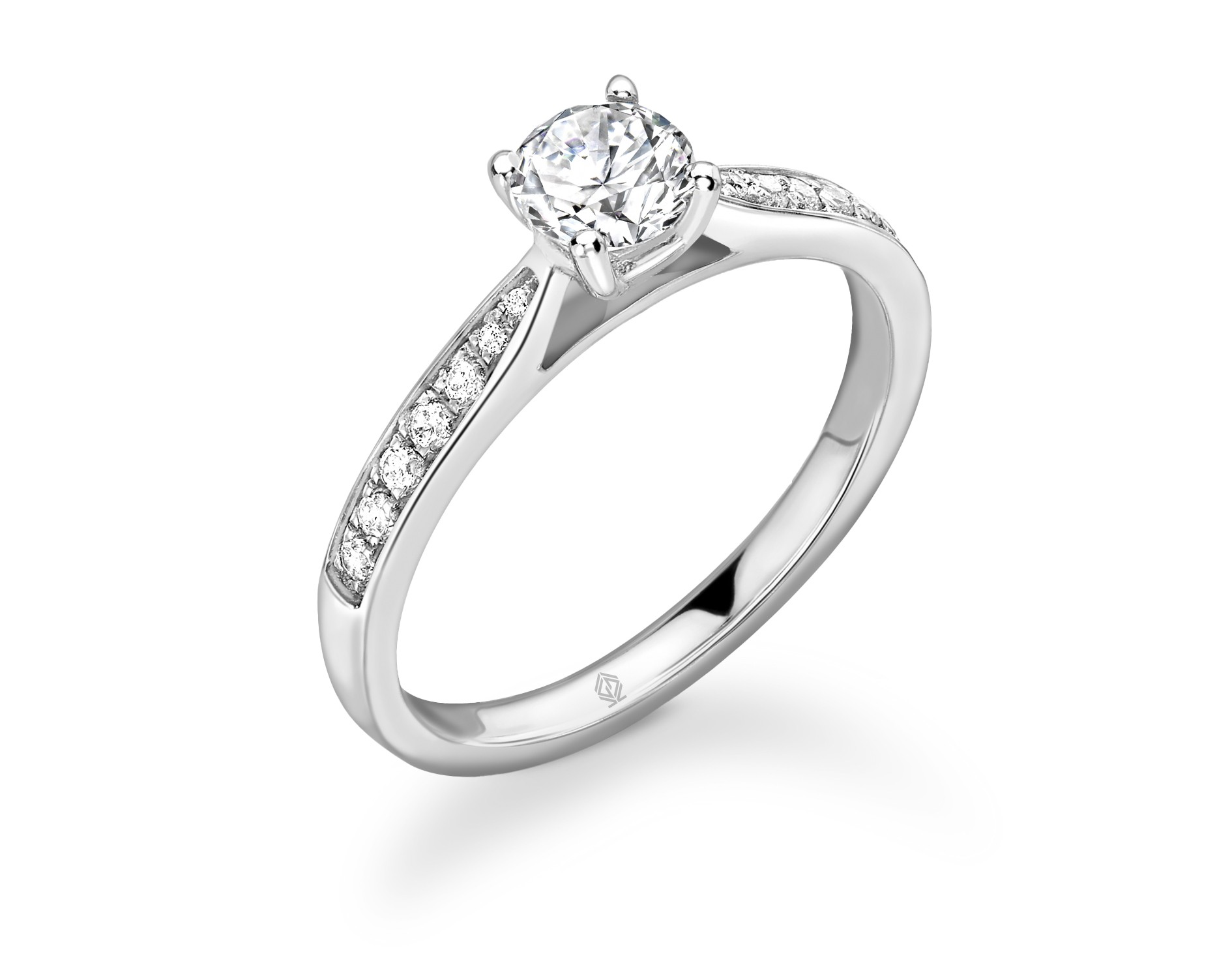 18K WHITE GOLD ROUND CUT 4 PRONGS DIAMOND ENGAGEMENT RING SIDE STONES WITH CHANNEL SET