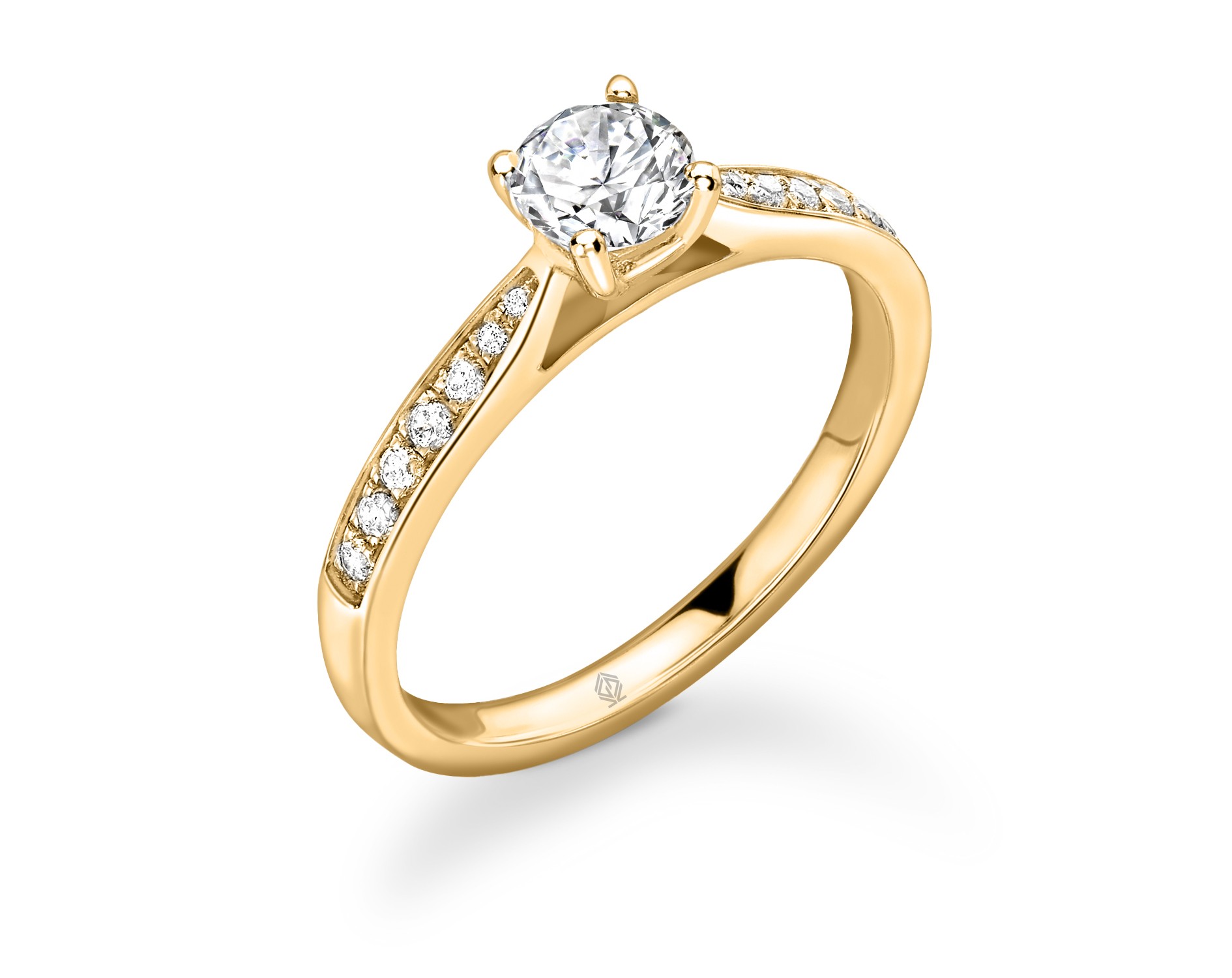 18K YELLOW GOLD ROUND CUT 4 PRONGS DIAMOND ENGAGEMENT RING SIDE STONES WITH CHANNEL SET