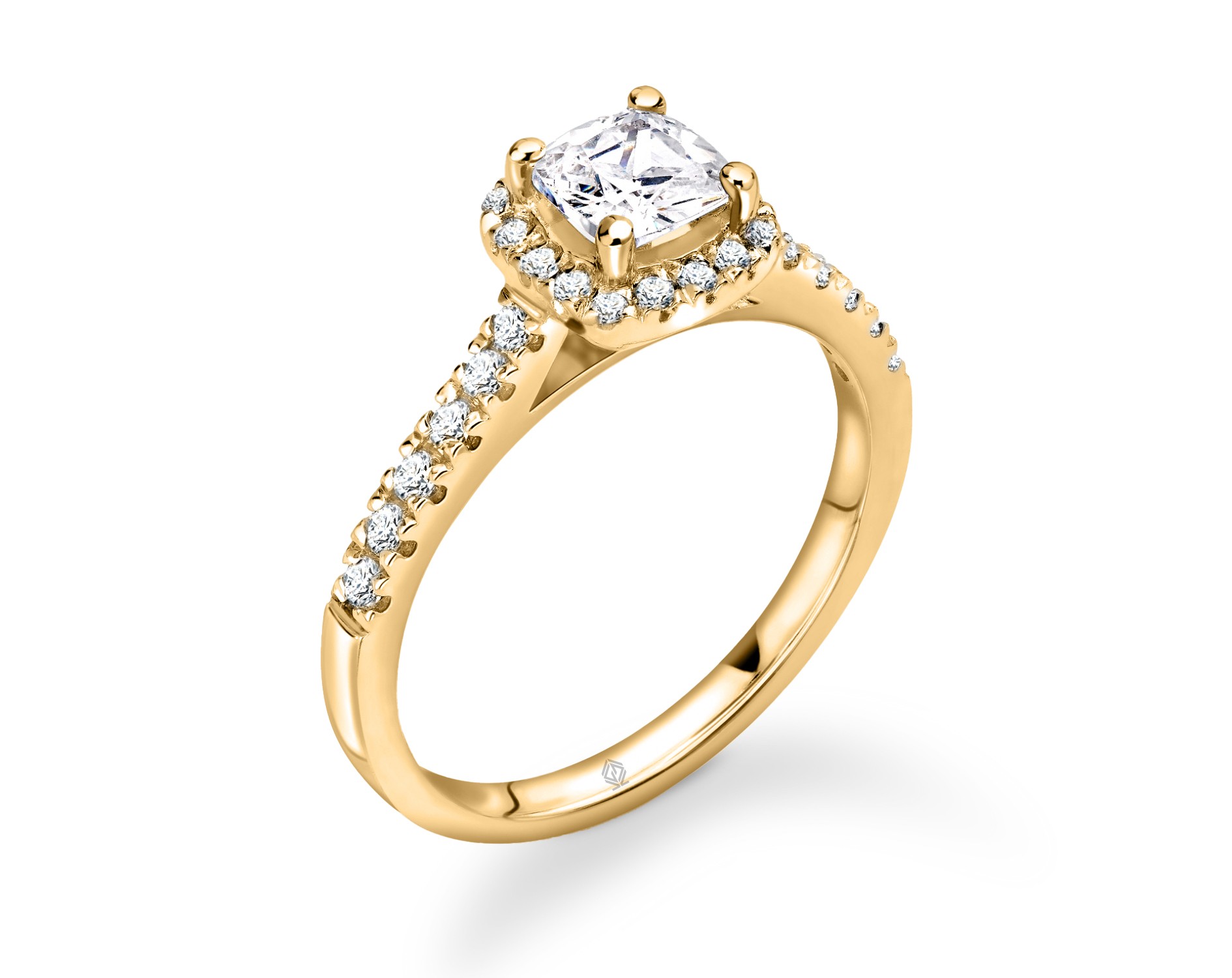 18K YELLOW GOLD HALO CUSHION CUT DIAMOND ENGAGEMENT RING WITH SIDE STONES PAVE SET