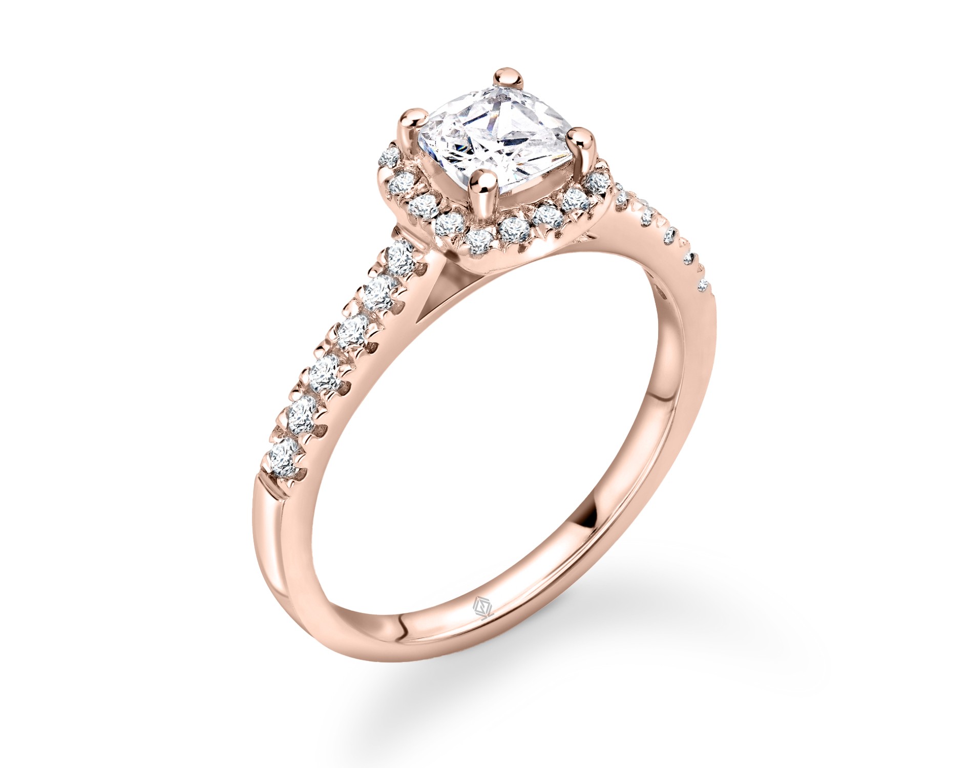 18K ROSE GOLD HALO CUSHION CUT DIAMOND ENGAGEMENT RING WITH SIDE STONES PAVE SET