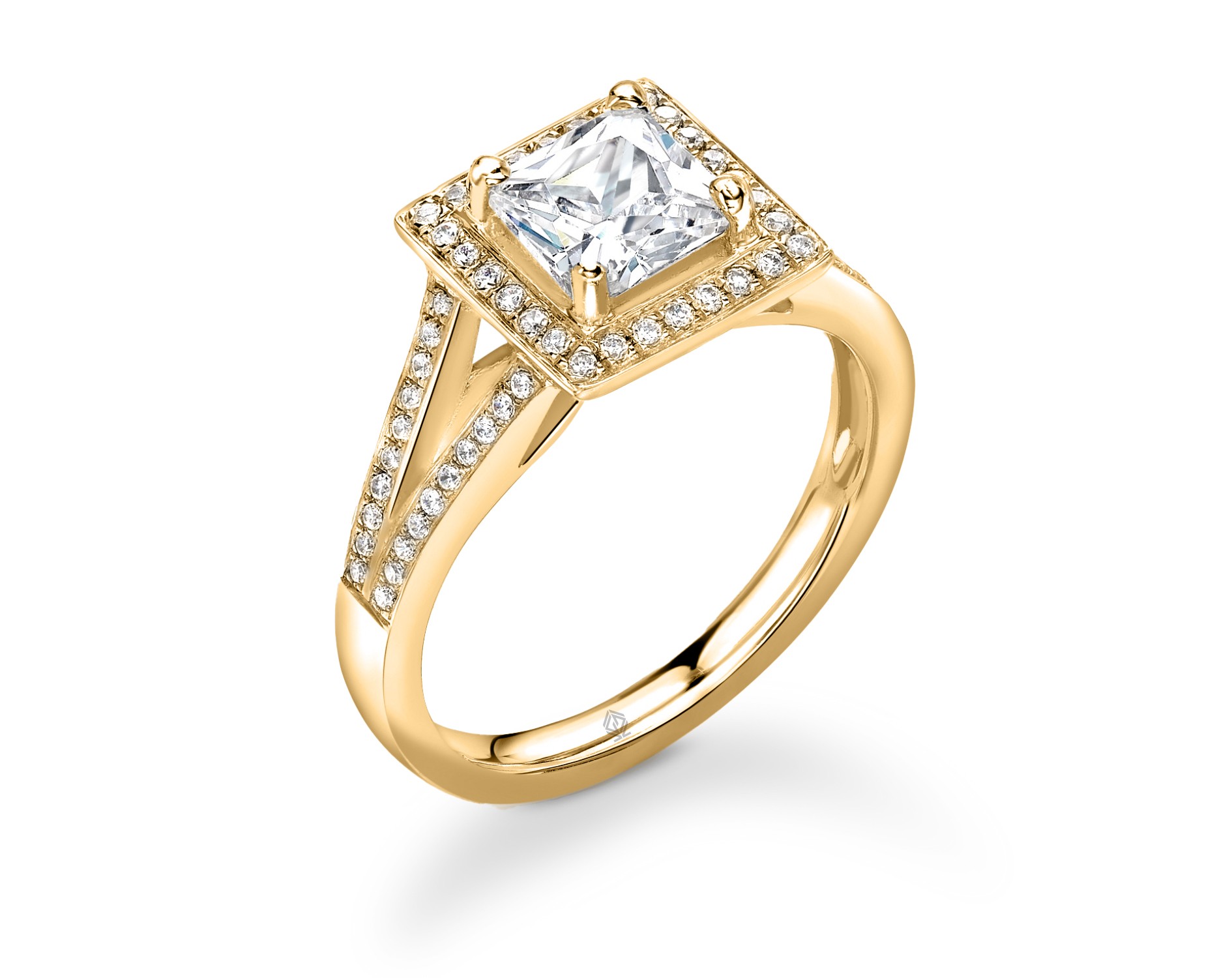 18K YELLOW GOLD HALO PRINCESS CUT DIAMOND ENGAGEMENT RING WITH SIDE STONES CHANNEL SET