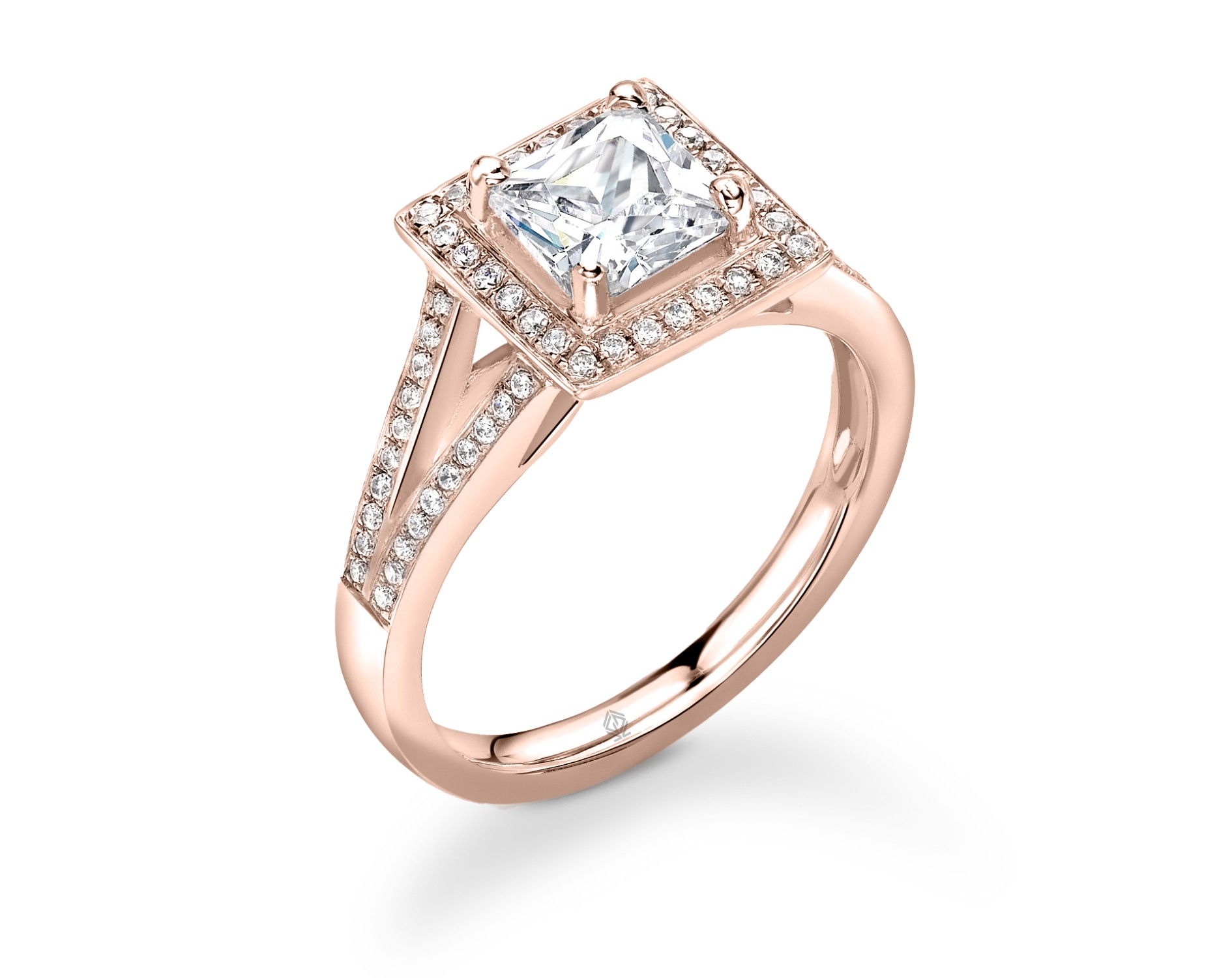 18K ROSE GOLD HALO PRINCESS CUT DIAMOND ENGAGEMENT RING WITH SIDE STONES CHANNEL SET
