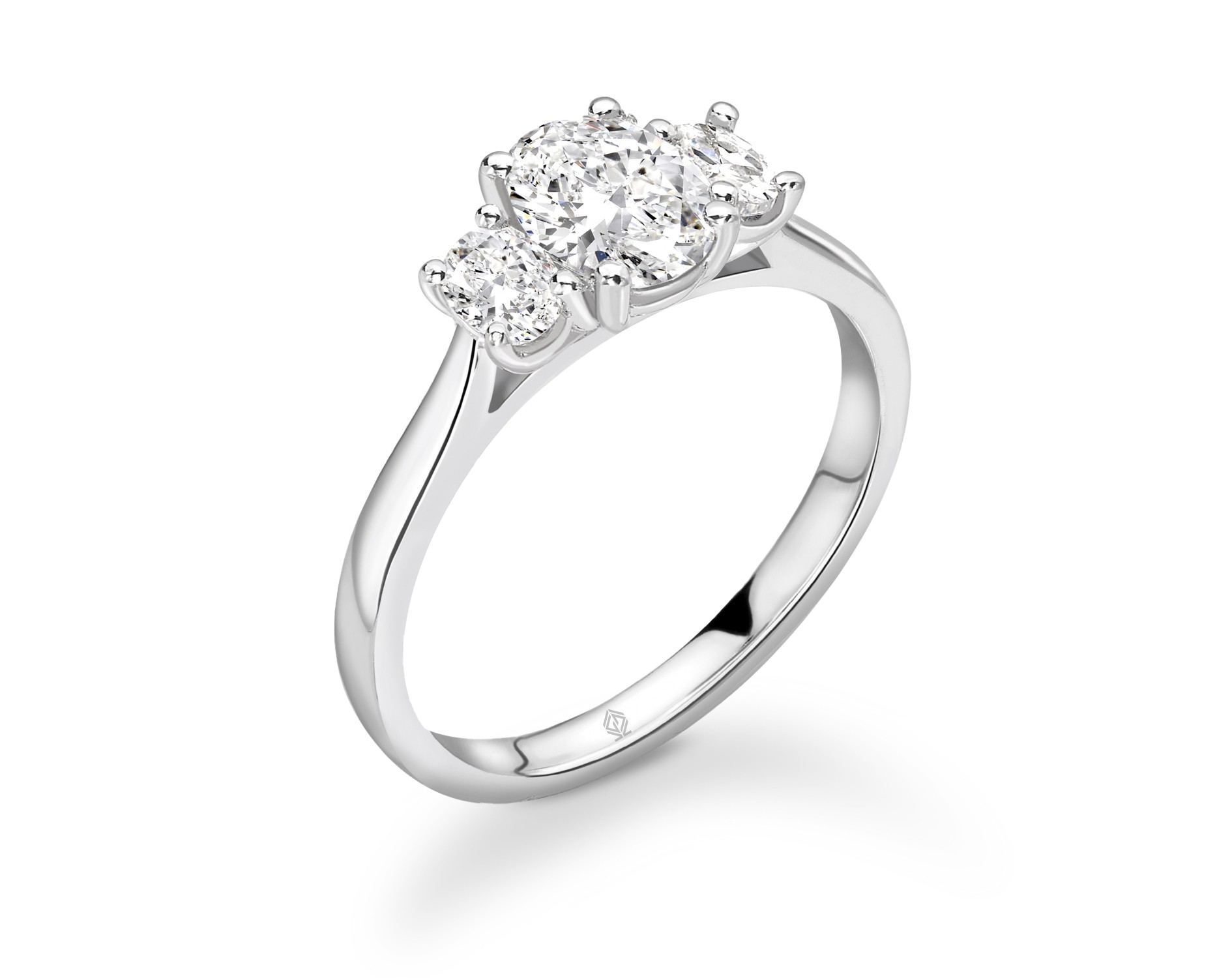 18K WHITE GOLD OVAL CUT TRILOGY DIAMOND ENGAGEMENT RING