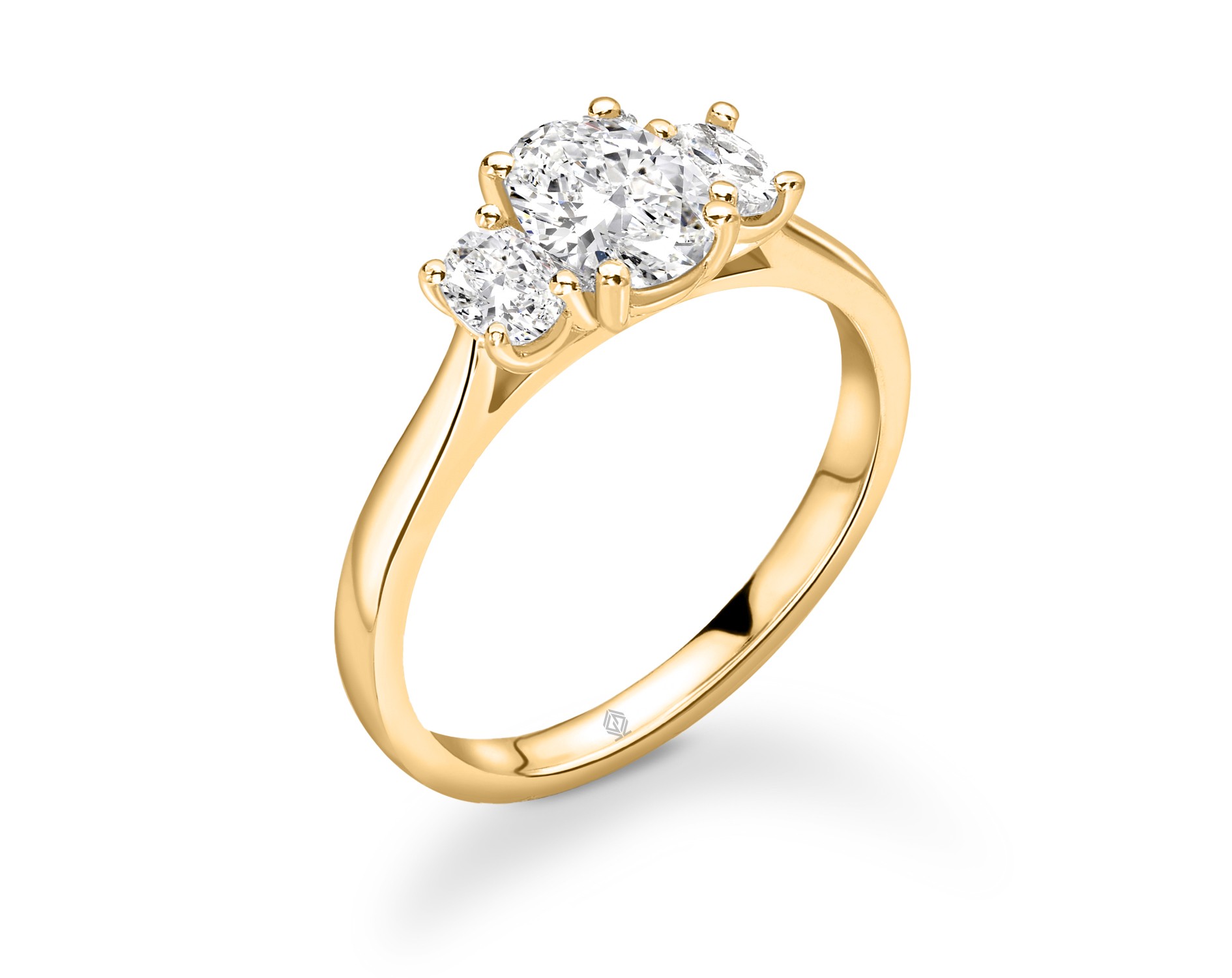18K YELLOW GOLD OVAL CUT TRILOGY DIAMOND ENGAGEMENT RING