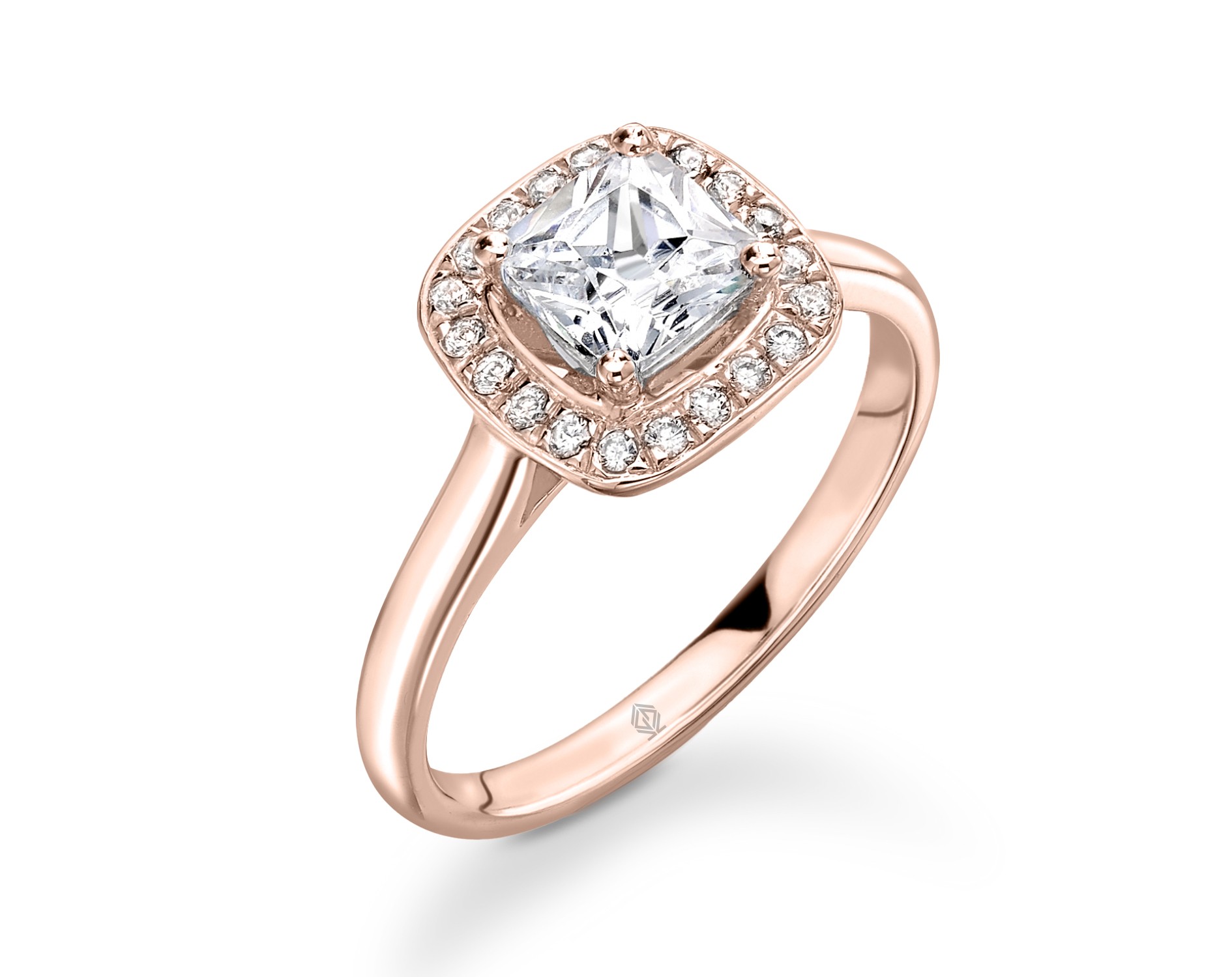18K ROSE GOLD HALO CUSHION CUT DIAMOND ENGAGEMENT RING