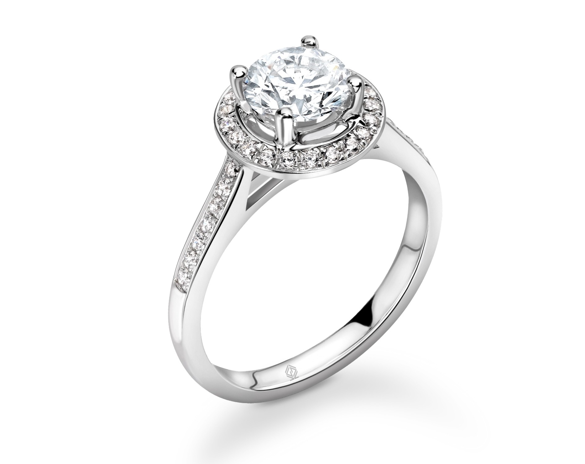 18K WHITE GOLD HALO ROUND CUT DIAMOND ENGAGEMENT RING WITH SIDE STONES CHANNEL SET