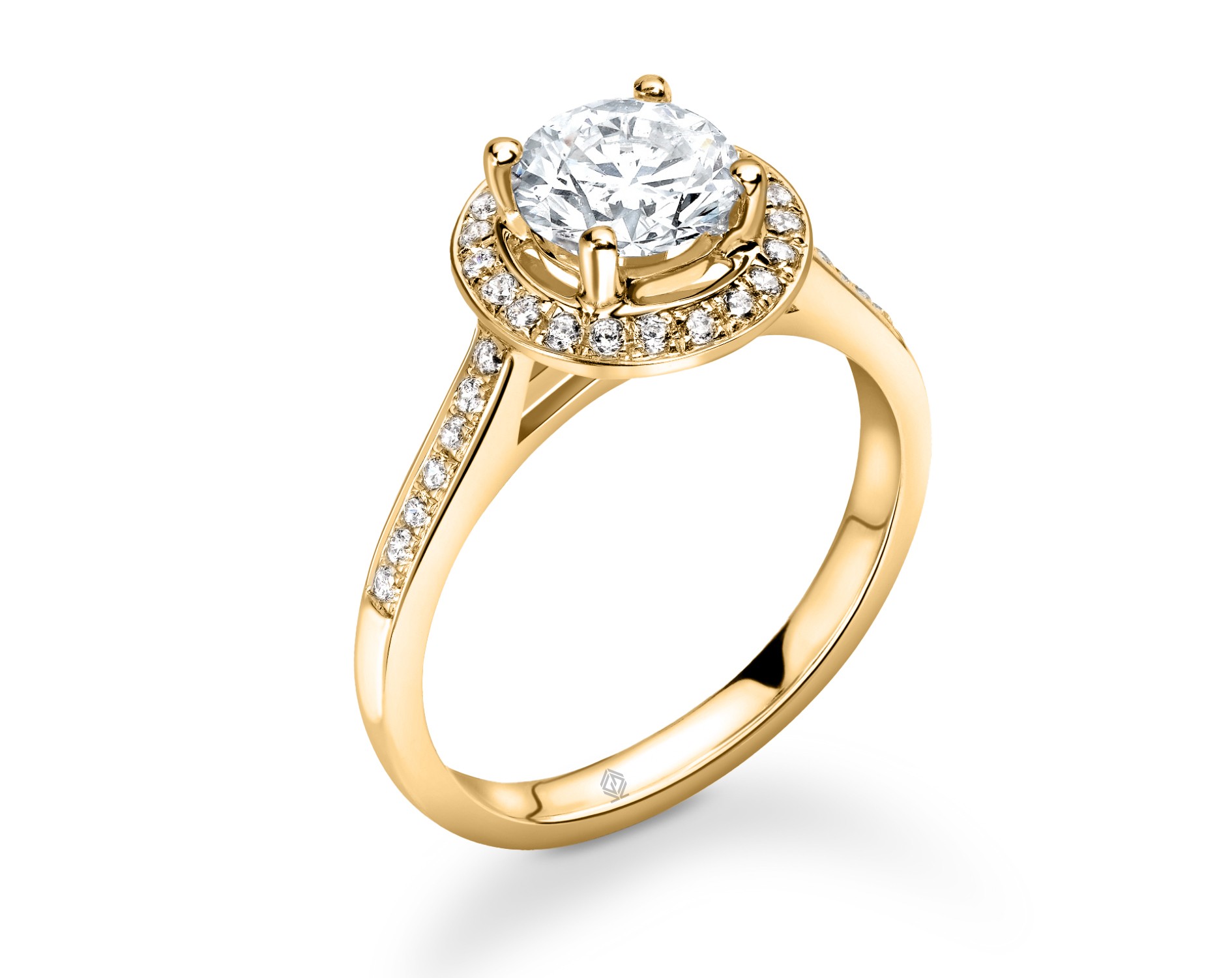 18K YELLOW GOLD HALO ROUND CUT DIAMOND ENGAGEMENT RING WITH SIDE STONES CHANNEL SET