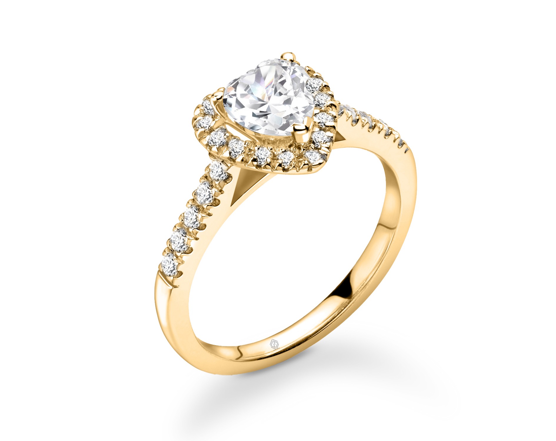 18K YELLOW GOLD HALO HEART CUT DIAMOND ENGAGEMENT RING WITH SIDE STONES PAVE SET