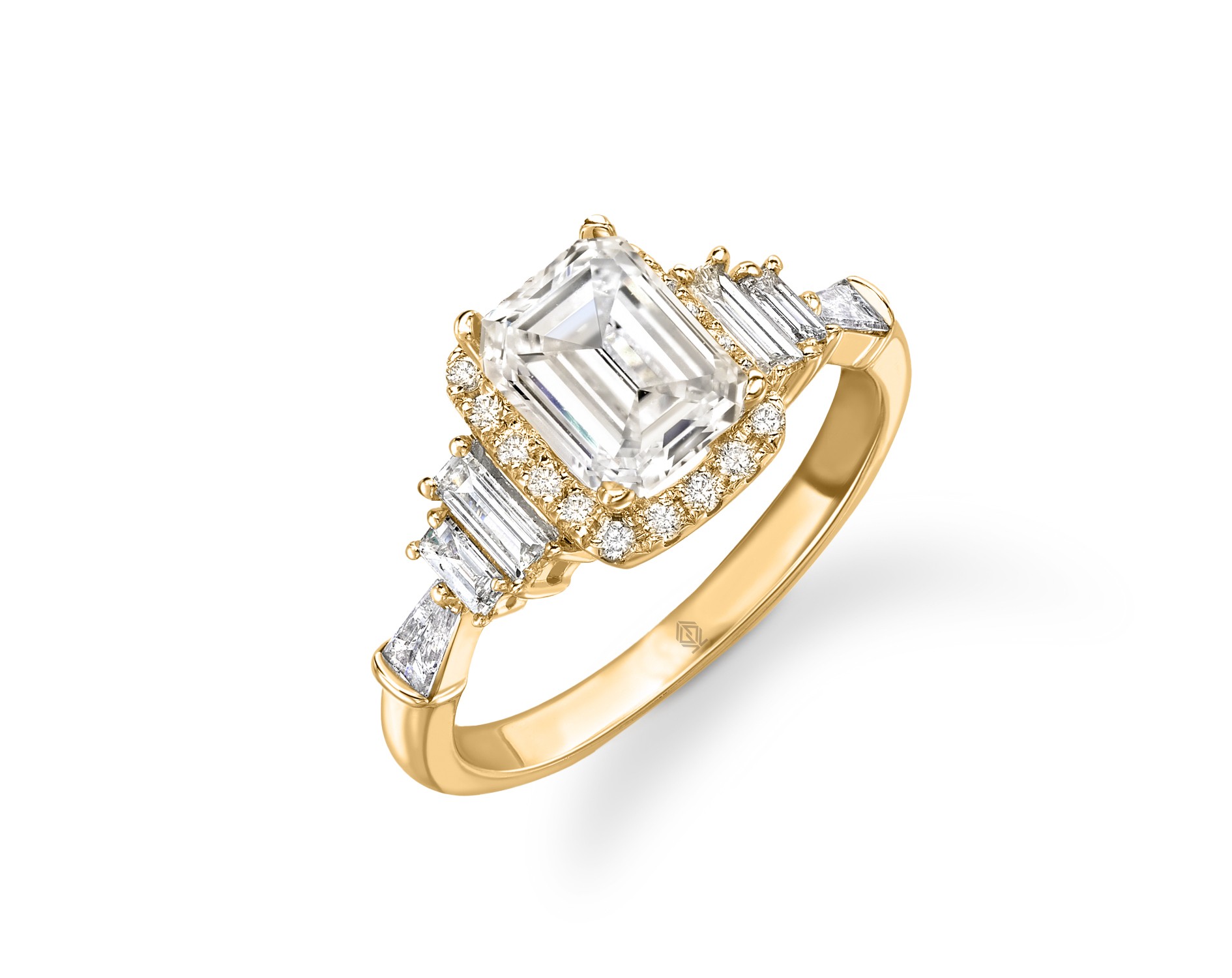 18K YELLOW GOLD EMERALD CUT DIAMOND RING WITH EMERALD SIDE STONES