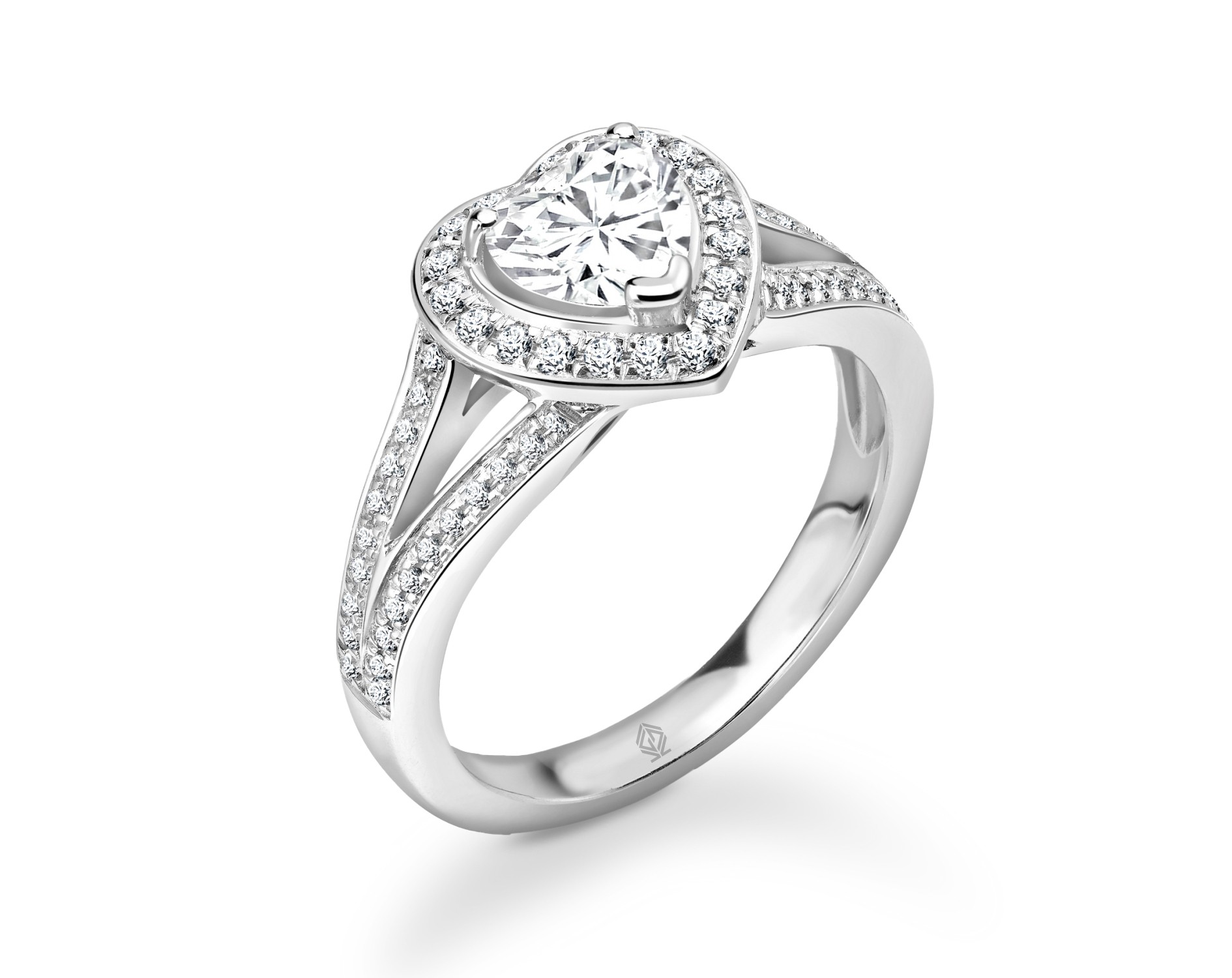 18K WHITE GOLD HEART CUT HALO DIAMOND ENGAGEMENT RING WITH SIDE STONES IN SPLIT SHANK CHANNEL SET