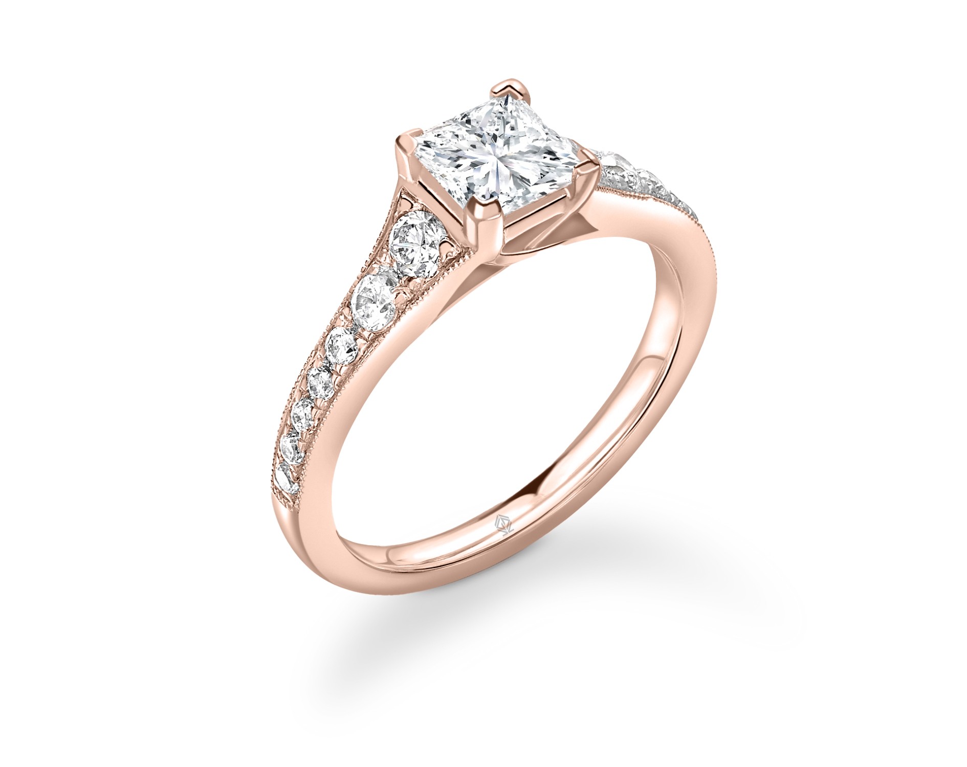 18K ROSE GOLD PRINCESS CUT 4 PRONGS DIAMOND ENGAGEMENT RING WITH SIDE STONES CHANNEL SET