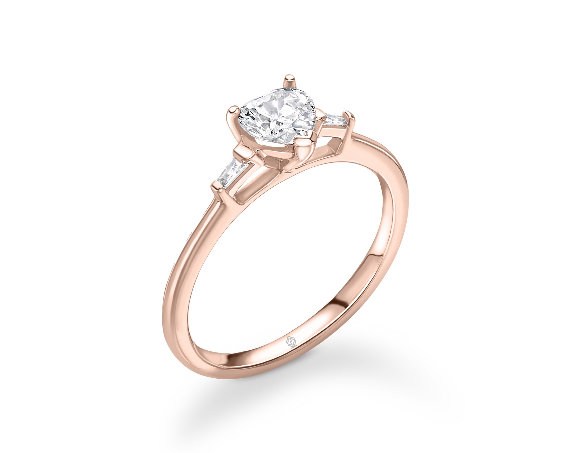 18K ROSE GOLD HEART CUT DIAMOND ENGAGEMENT RING WITH BAGUETTES CUT SIDE STONES