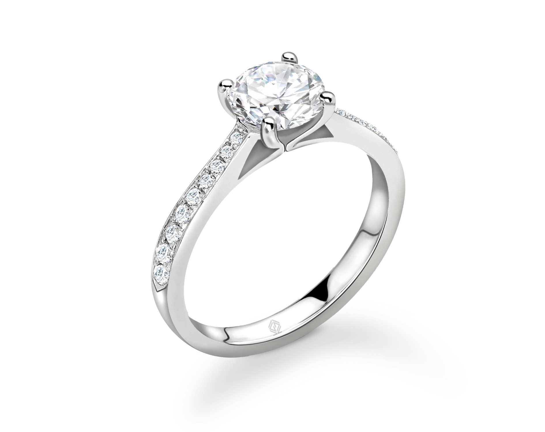 18K WHITE GOLD ROUND CUT 4 PRONGS DIAMOND ENGAGEMENT RING WITH SIDE STONES CHANNEL SET