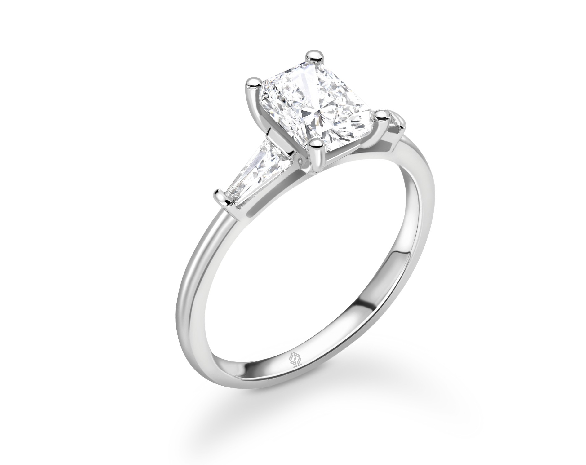 18K WHITE GOLD CUSHION CUT DIAMOND ENGAGEMENT RING WITH BAGUETTES CUT SIDE STONES